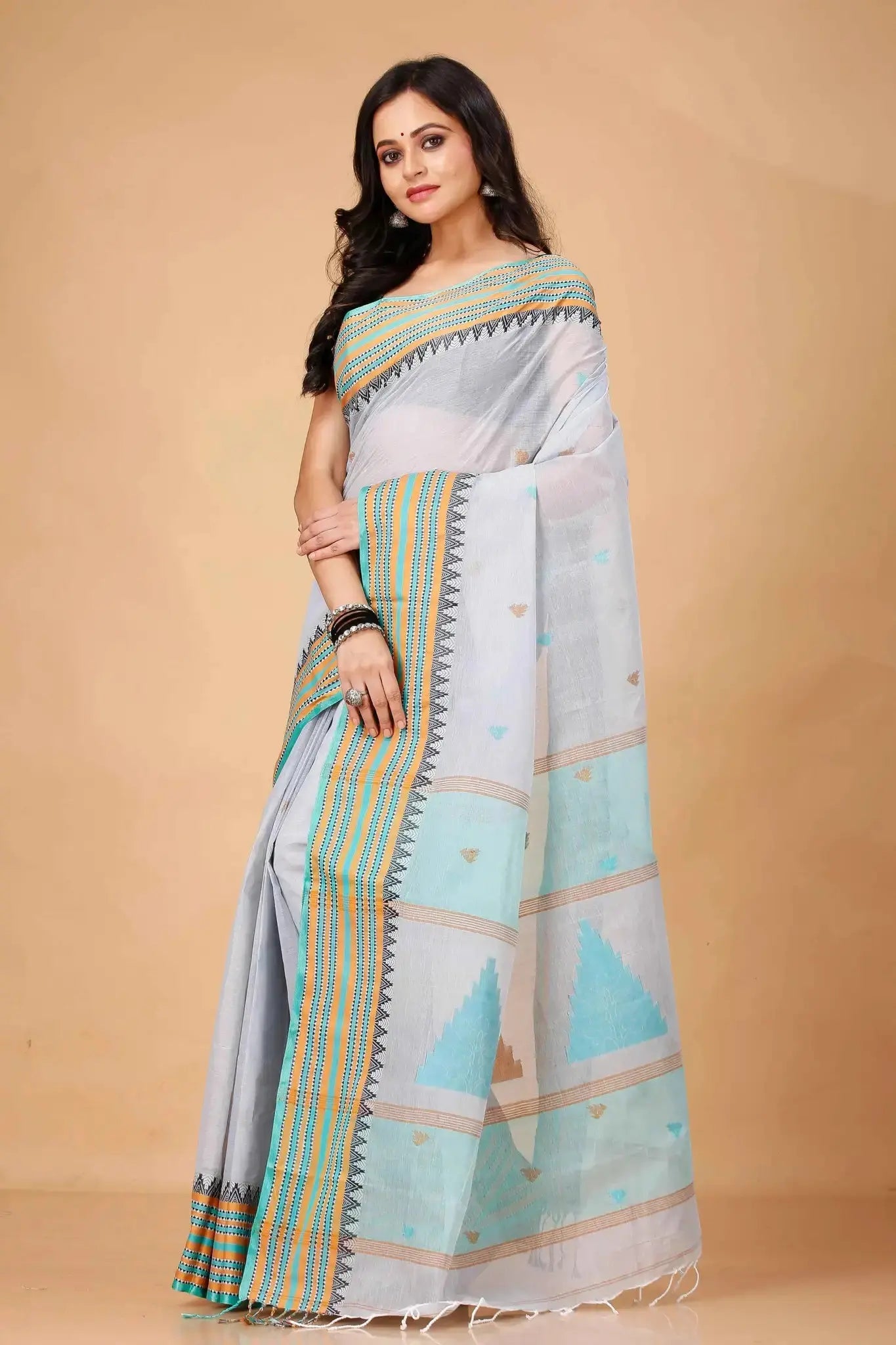 Moon Mist- Pure Cotton Bengal Handloom Saree With Colorful Striped Border