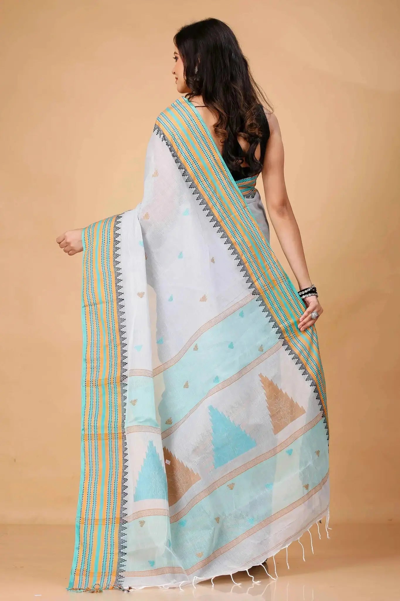 Moon Mist- Pure Cotton Bengal Handloom Saree With Colorful Striped Border