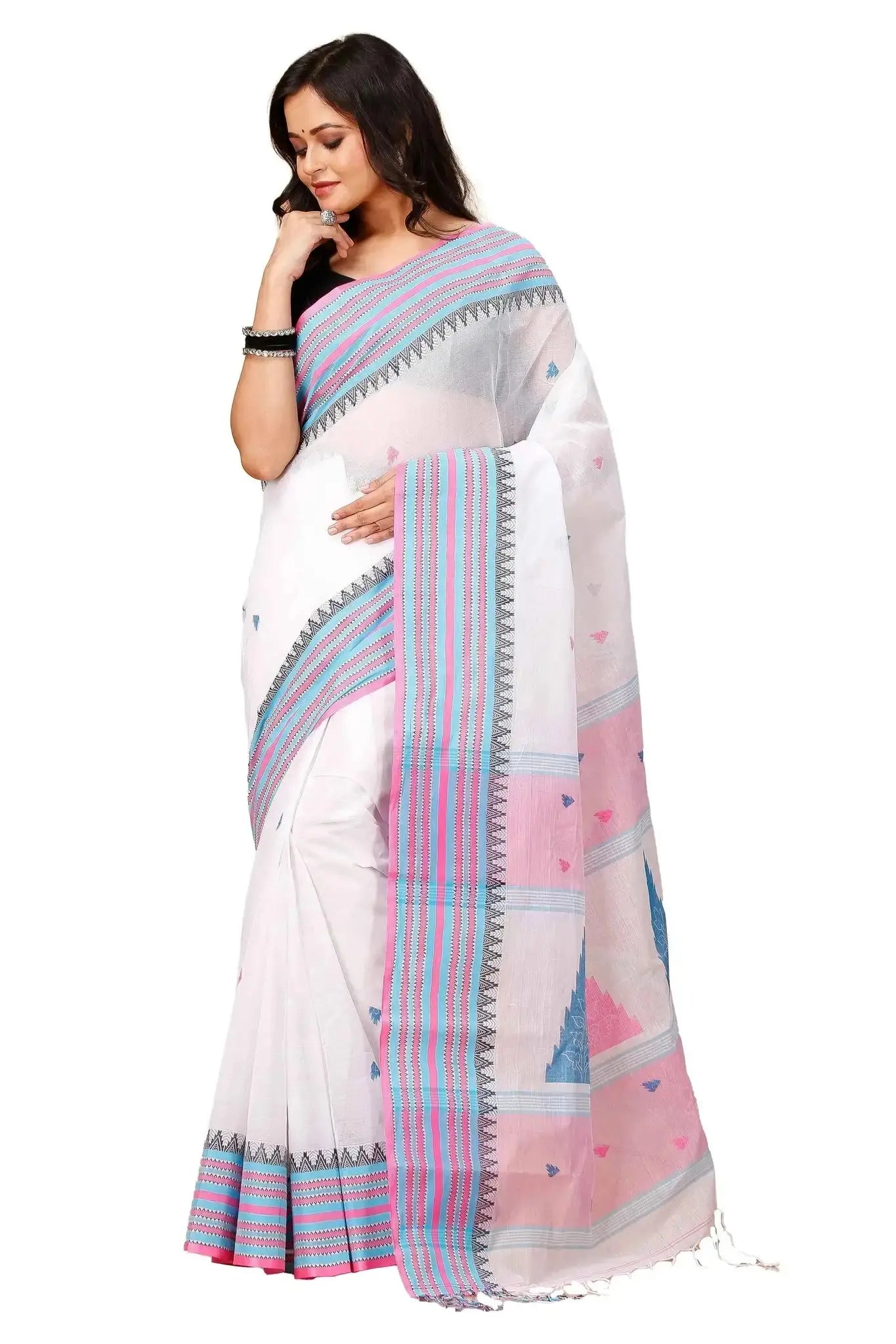Lavender Mist- Pure Cotton Bengal Handloom Saree With Geometric Pallu