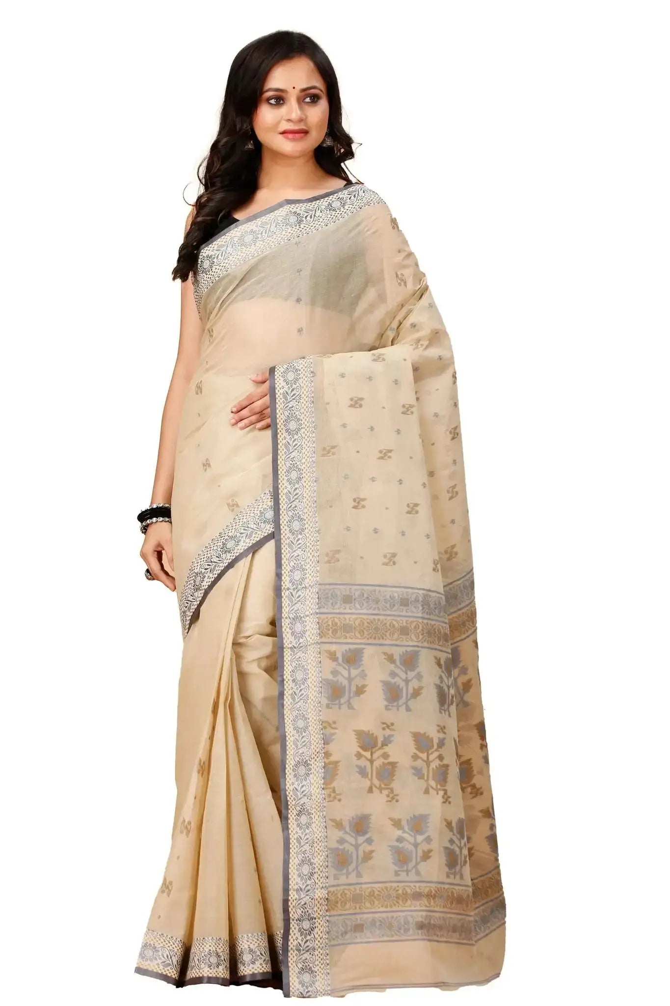 Oyster Pink- Pure Cotton Bengal Handloom Saree With Floral Border
