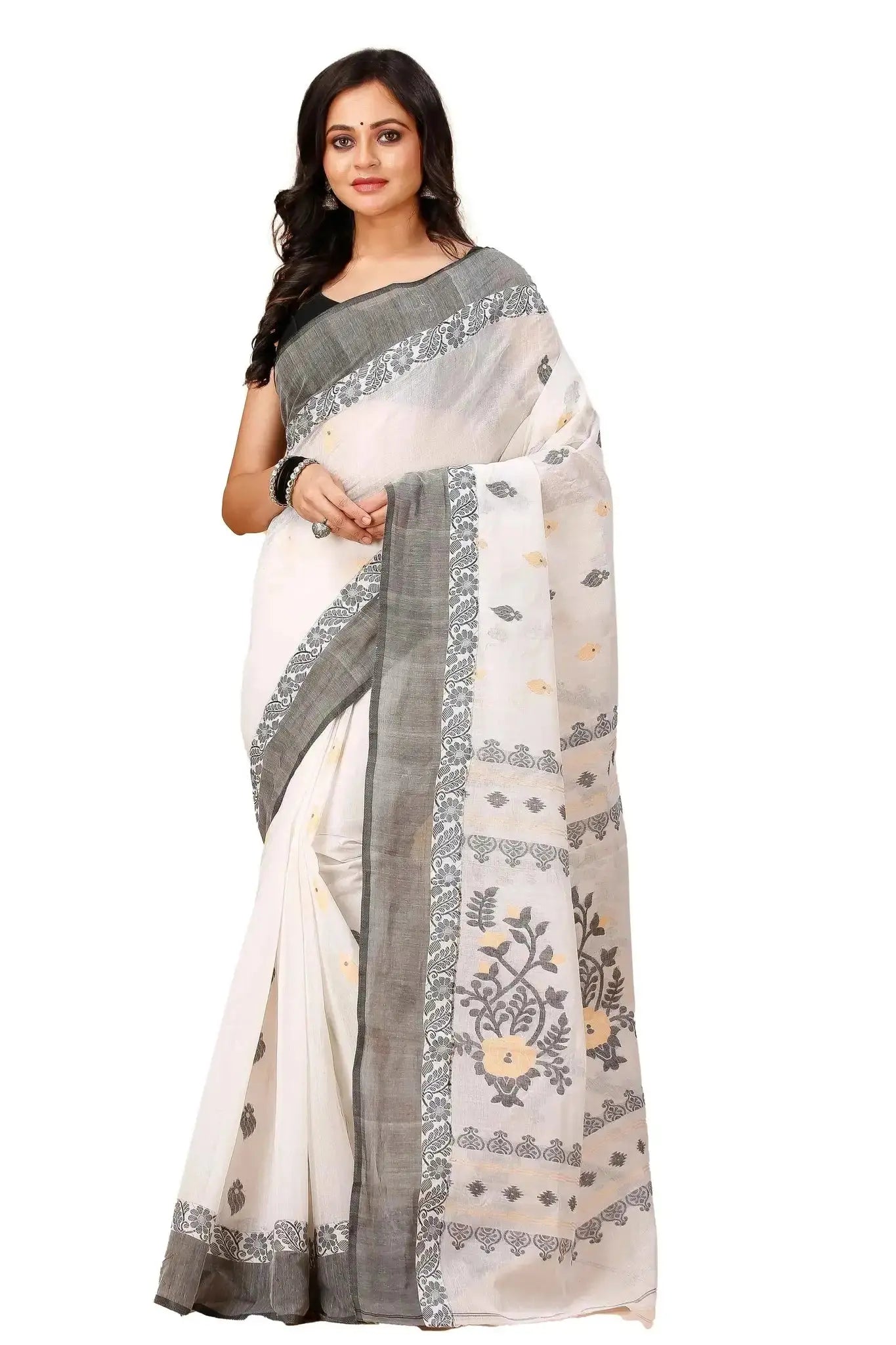 White Grey- Pure Cotton Bengal Handloom Elegant Handwoven Saree With Floral Patterns