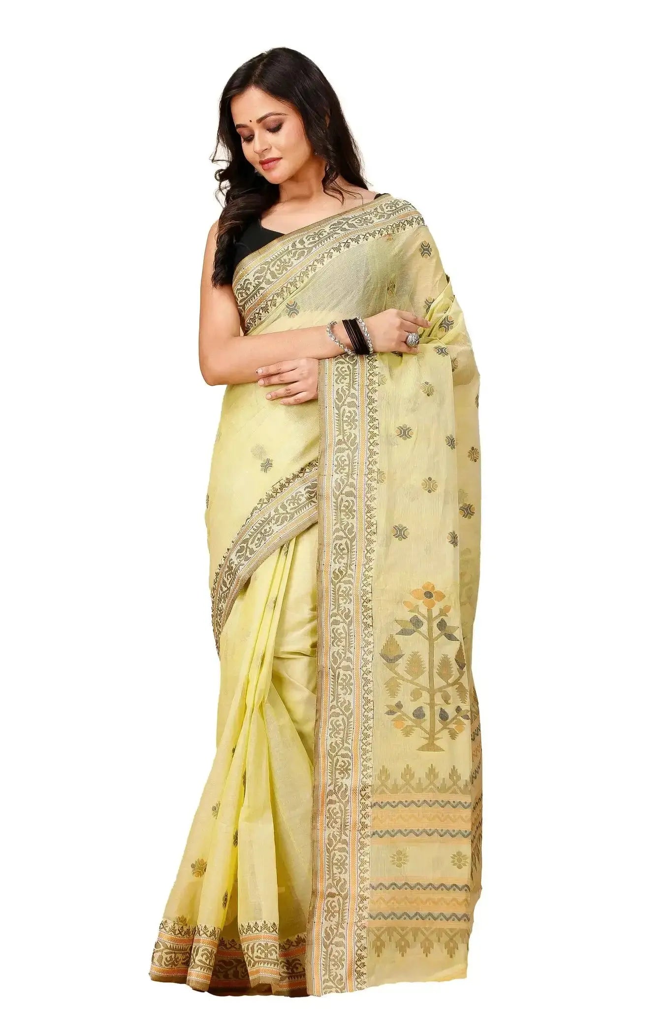 Light Green- Pure Cotton Bengal Handloom Indian Saree With Floral Decorative Pallu