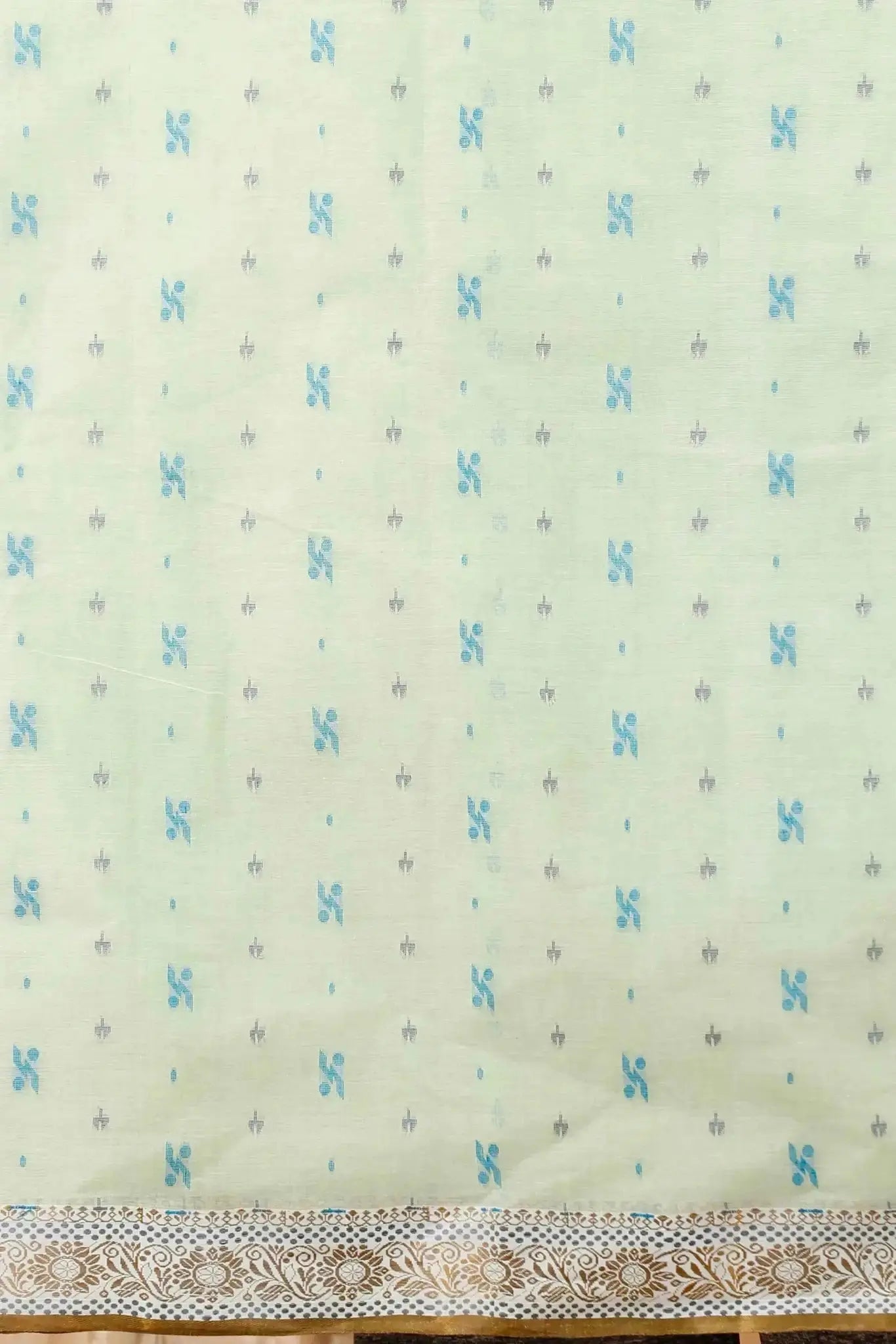 Light Green- Pure Cotton Bengal Handloom Saree With Blue Floral Patterns Pallu