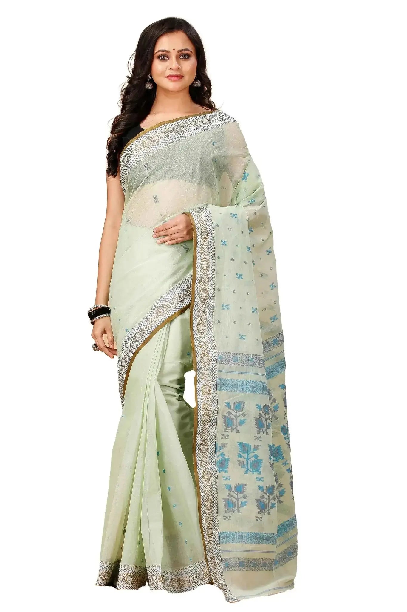Light Green- Pure Cotton Bengal Handloom Saree With Blue Floral Patterns Pallu