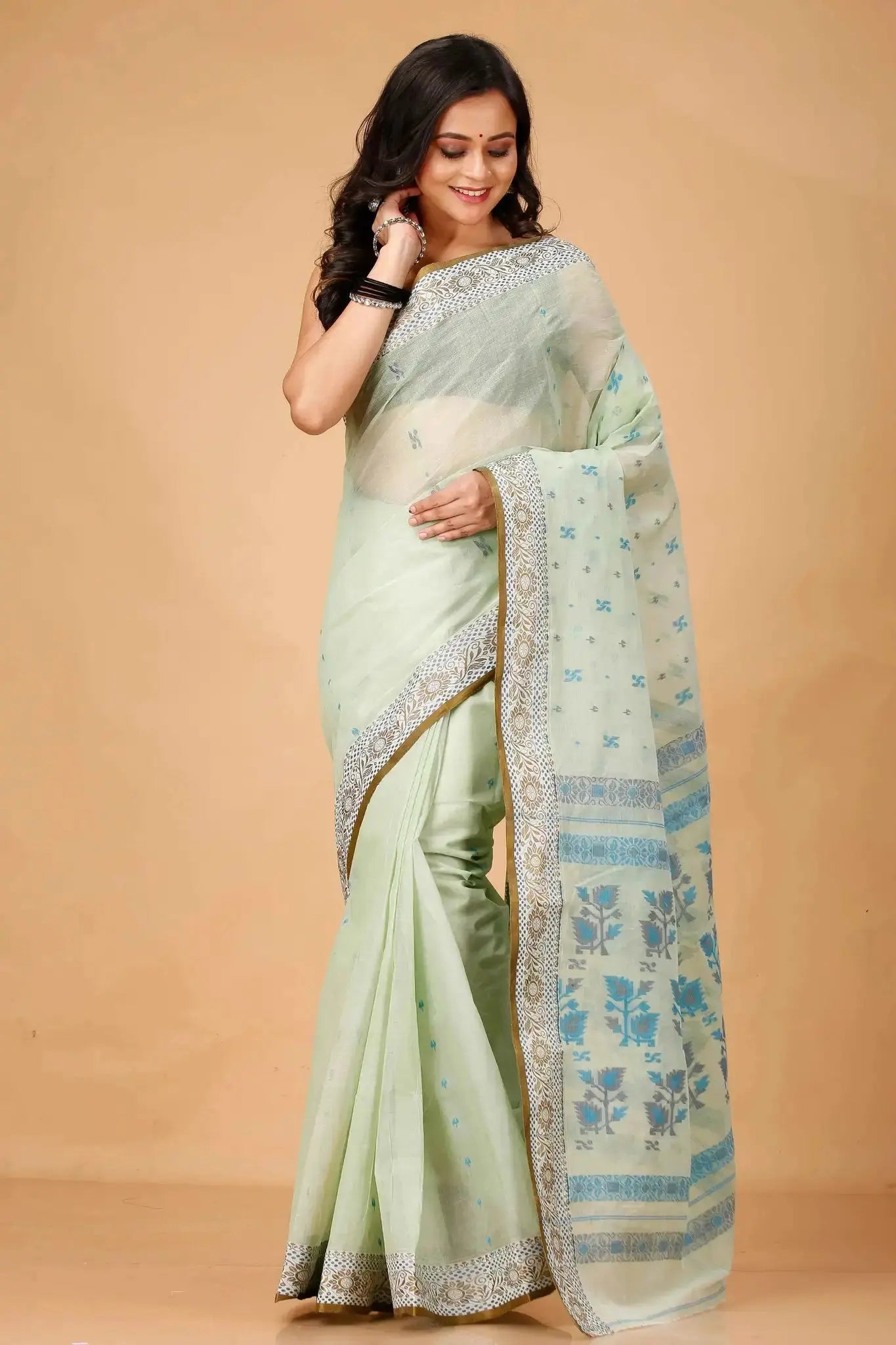 Light Green- Pure Cotton Bengal Handloom Saree With Blue Floral Patterns Pallu