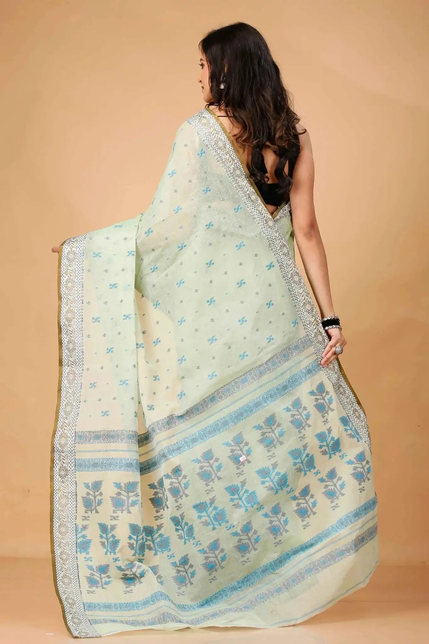 Light Green- Pure Cotton Bengal Handloom Saree With Blue Floral Patterns Pallu