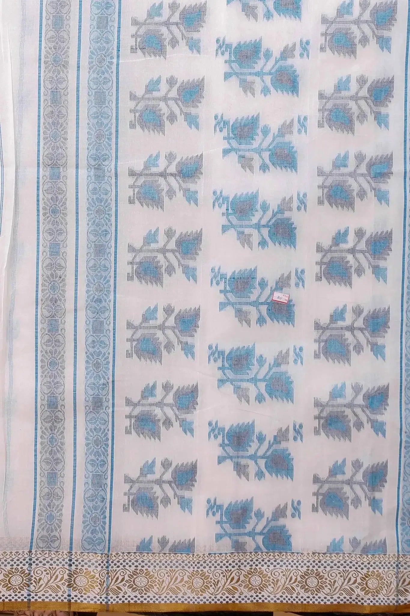 Floral White- Pure Cotton Bengal Handloom Blue Floral Indian Saree