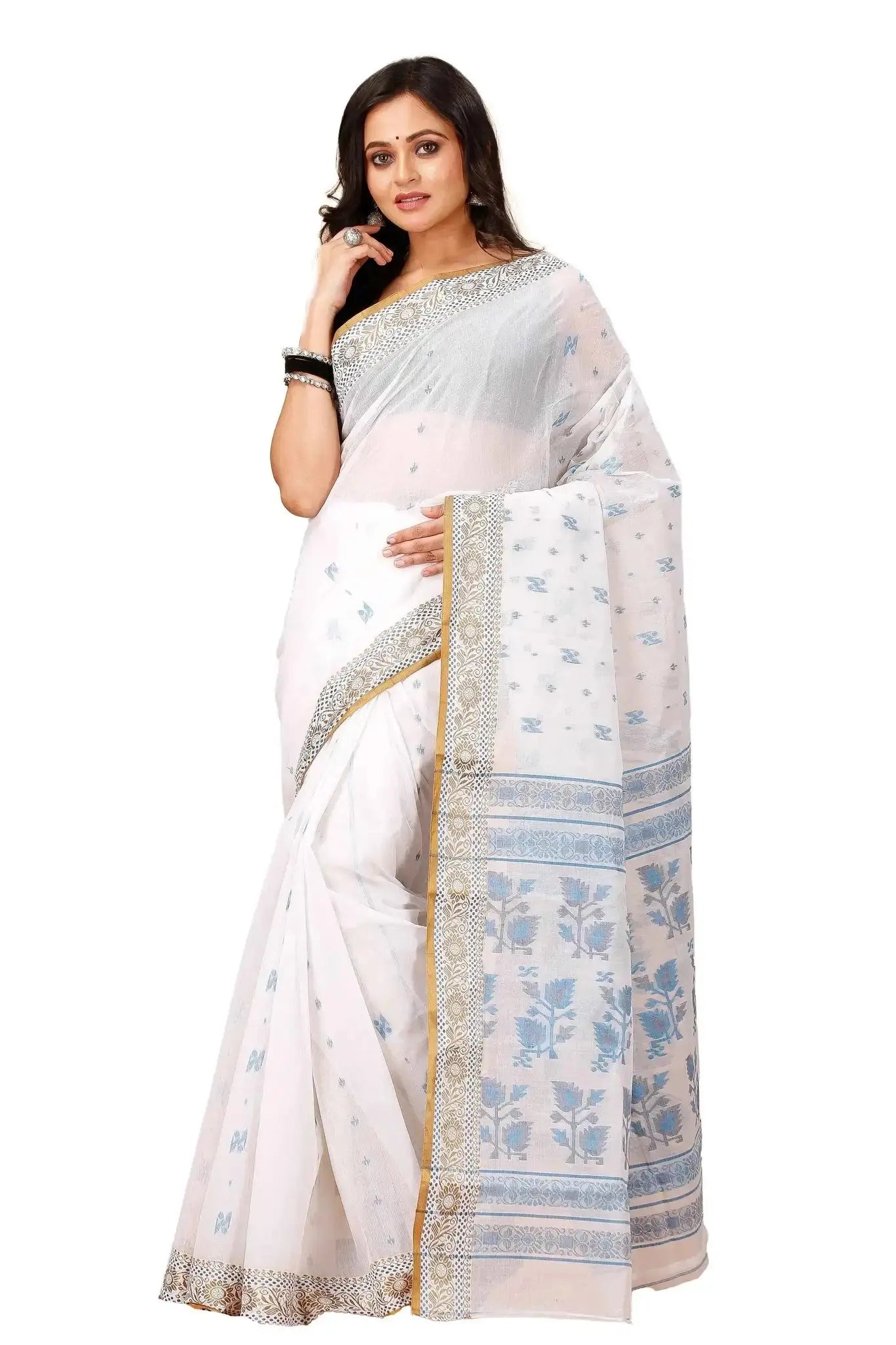 Floral White- Pure Cotton Bengal Handloom Blue Floral Indian Saree