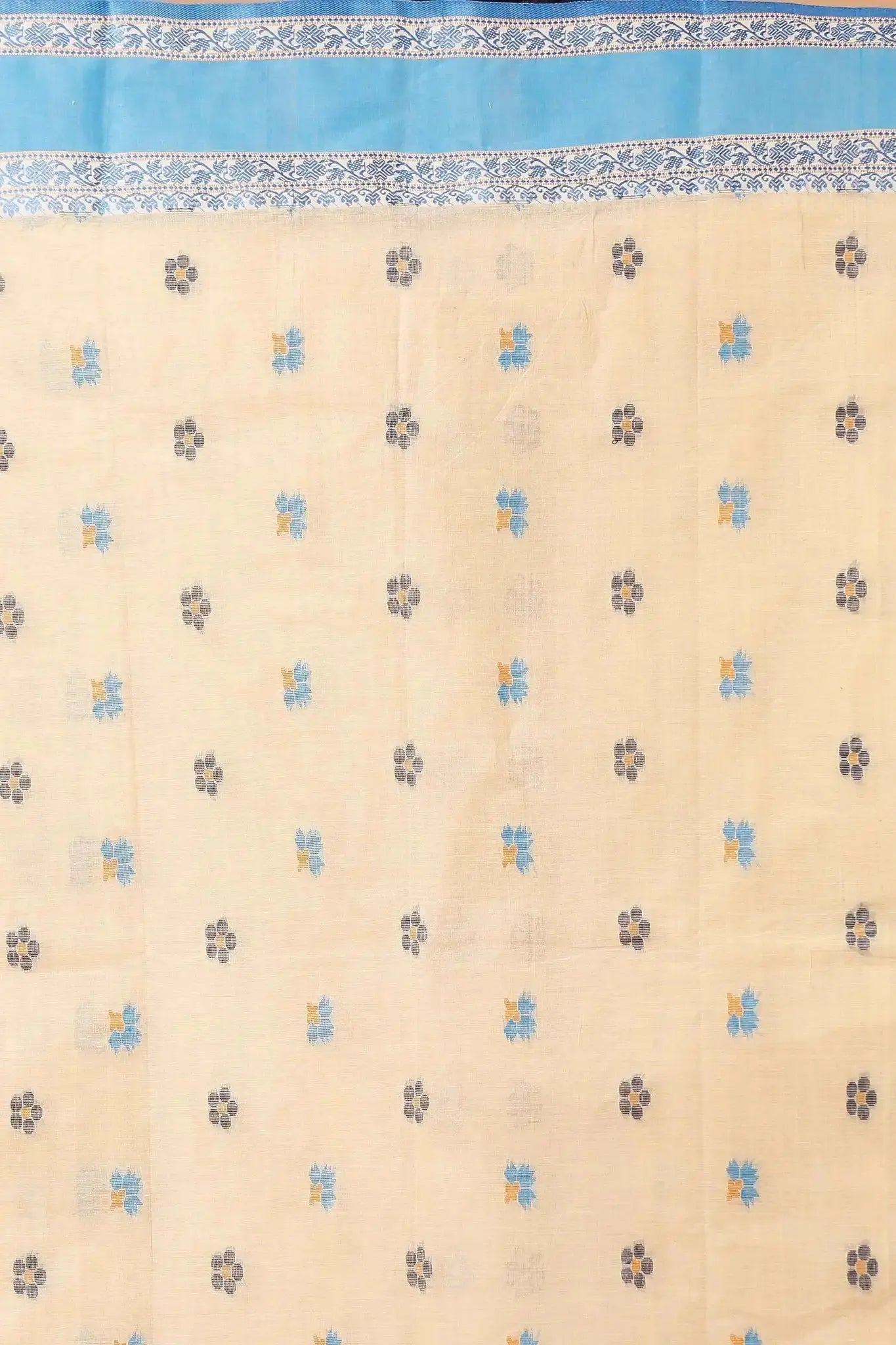 Light Peach- Pure Cotton Bengal Handloom Saree With Traditional Motifs Blue Border