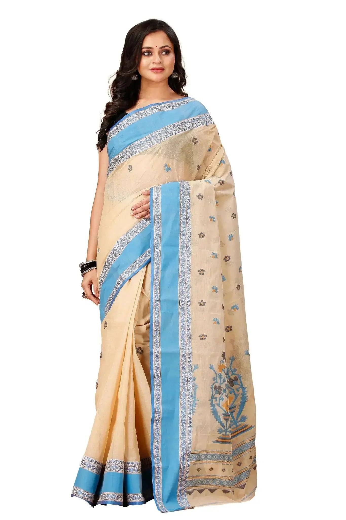 Light Peach- Pure Cotton Bengal Handloom Saree With Traditional Motifs Blue Border