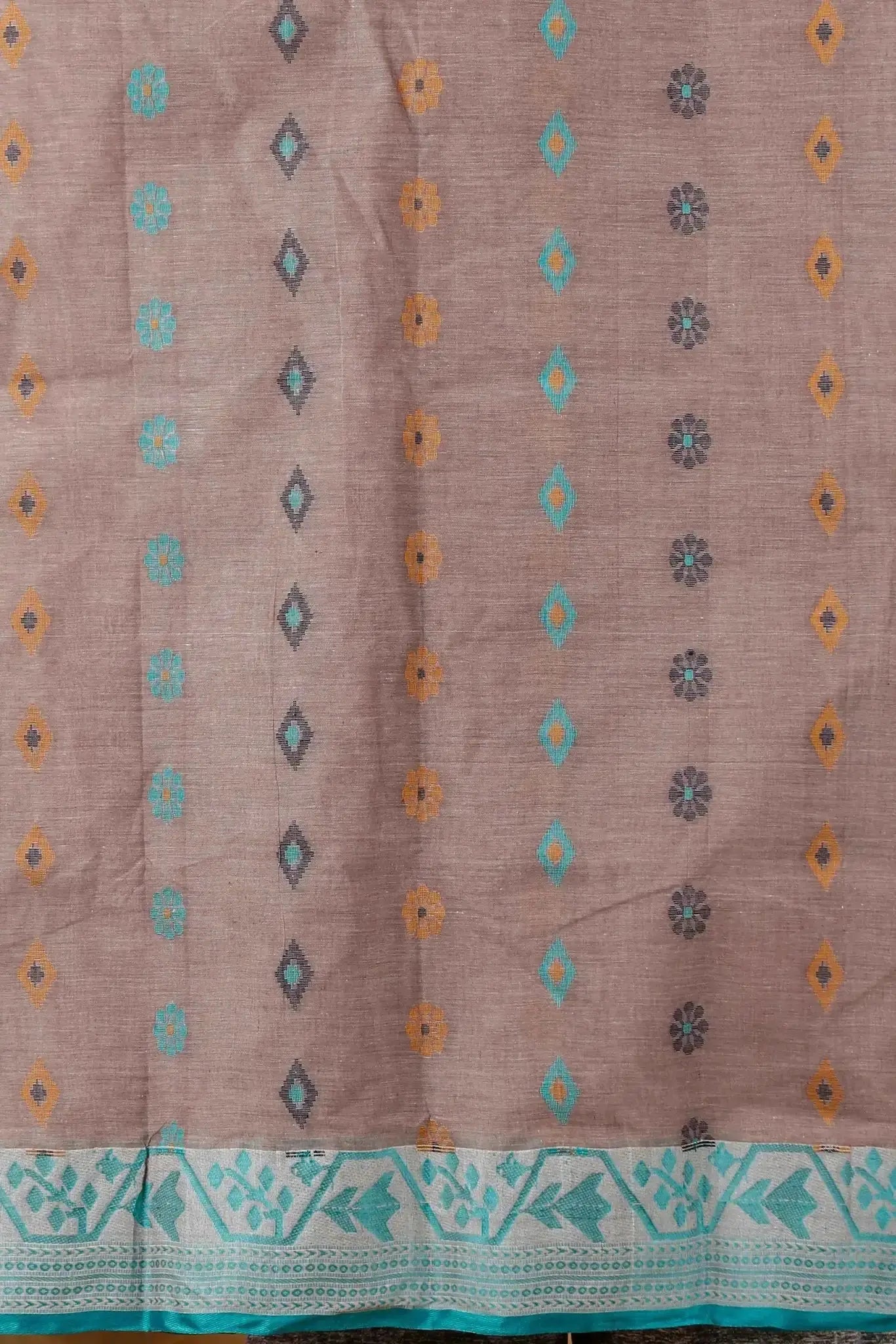 Pinkish Grey- Pure Cotton Bengal Handloom Saree With Turquoise Blue Zari Border Pallu