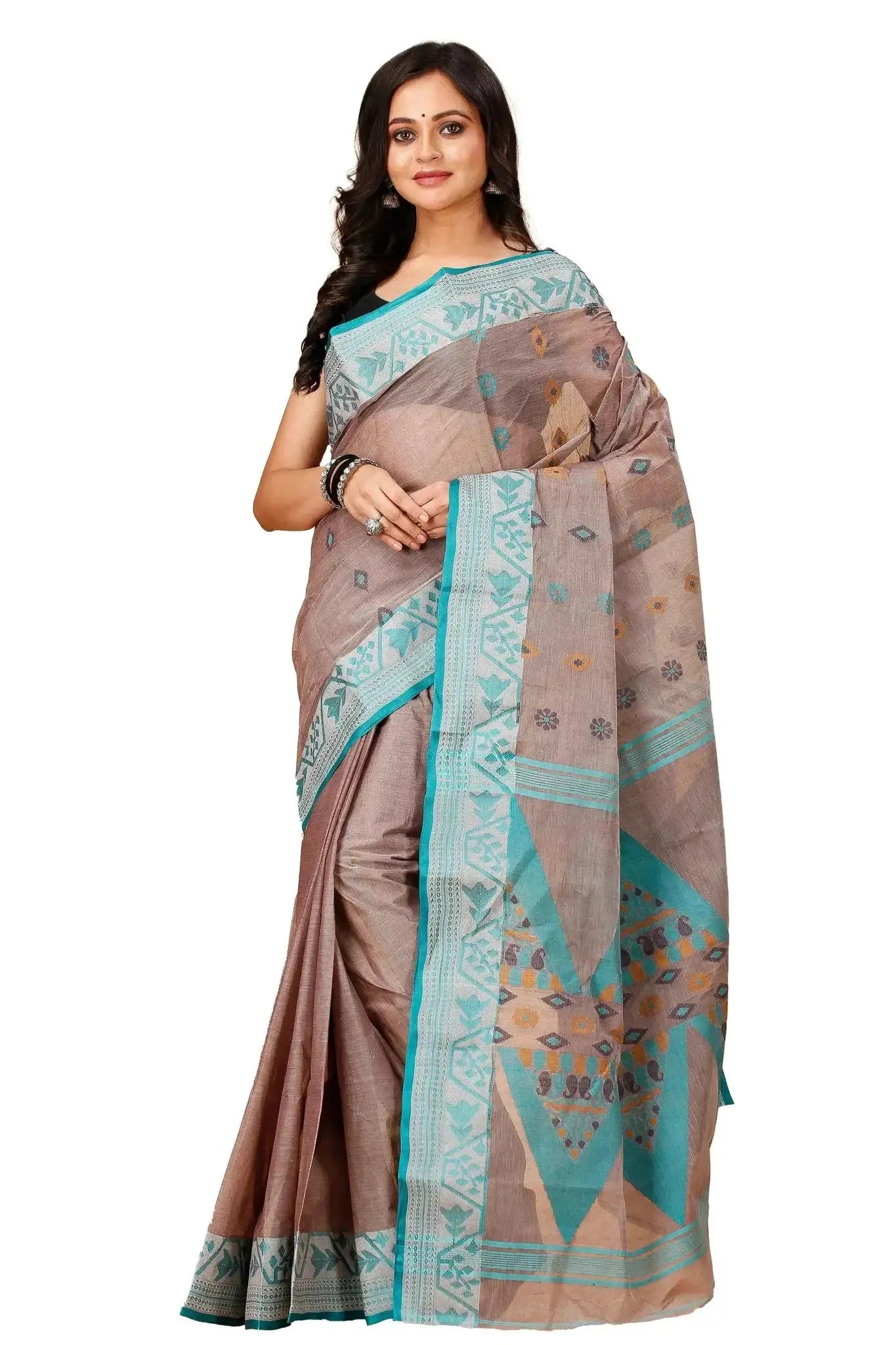 Pinkish Grey- Pure Cotton Bengal Handloom Saree With Turquoise Blue Zari Border Pallu