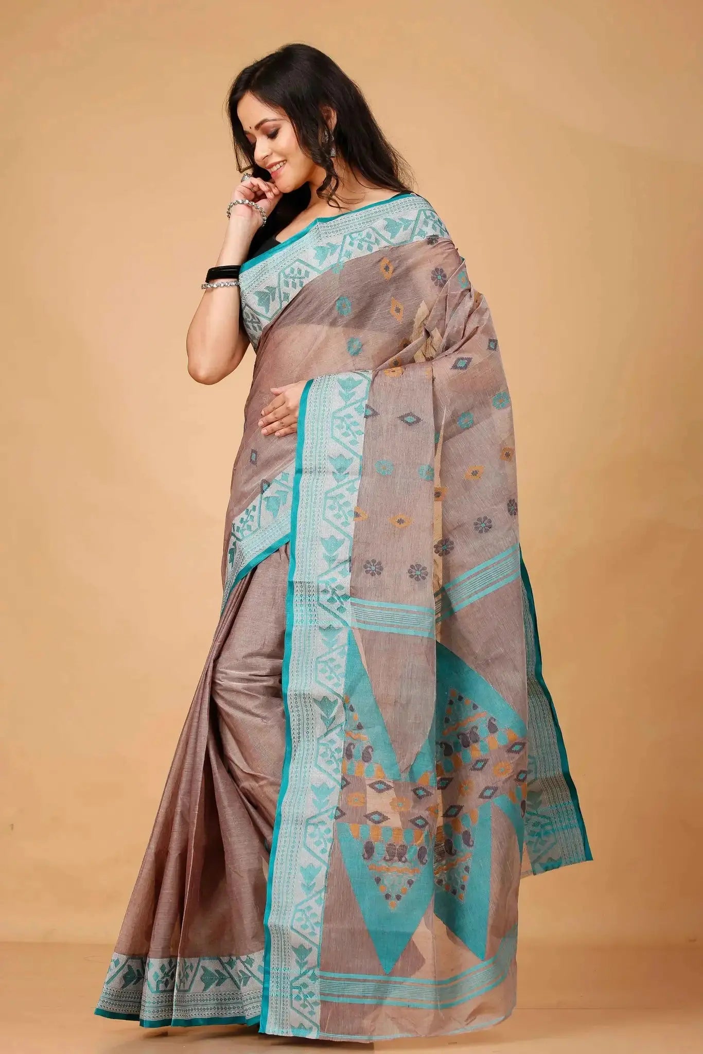 Pinkish Grey- Pure Cotton Bengal Handloom Saree With Turquoise Blue Zari Border Pallu