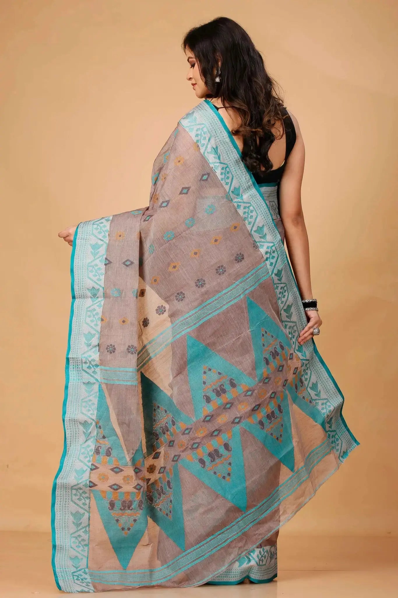 Pinkish Grey- Pure Cotton Bengal Handloom Saree With Turquoise Blue Zari Border Pallu