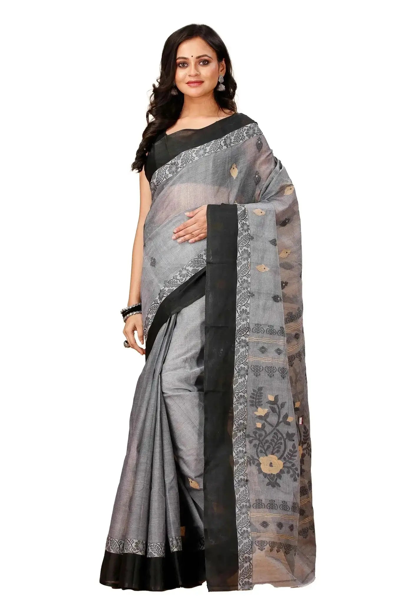 Dusty Grey- Pure Cotton Bengal Handloom Classic Handwoven Saree With Woven Border