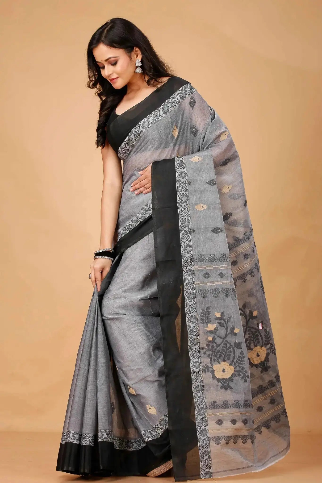 Dusty Grey- Pure Cotton Bengal Handloom Classic Handwoven Saree With Woven Border