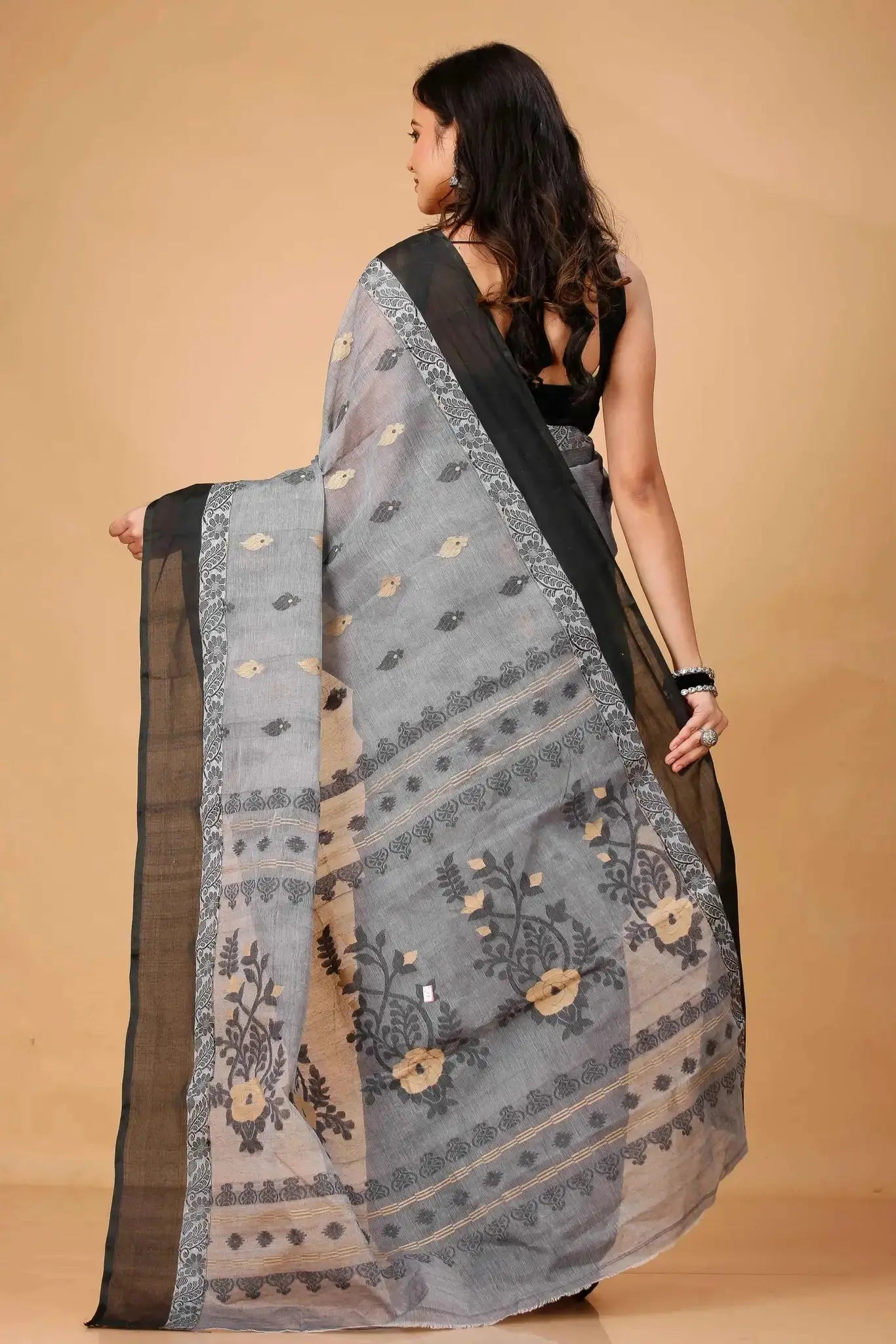 Dusty Grey- Pure Cotton Bengal Handloom Classic Handwoven Saree With Woven Border