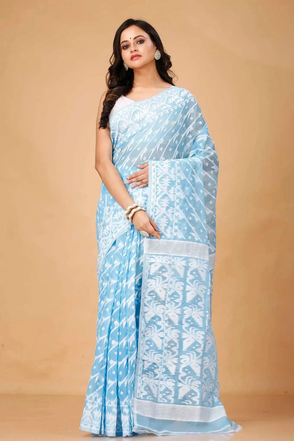 Carolina Blue- Elegant Weave Bengal Handloom Soft Jamdani Cotton Saree