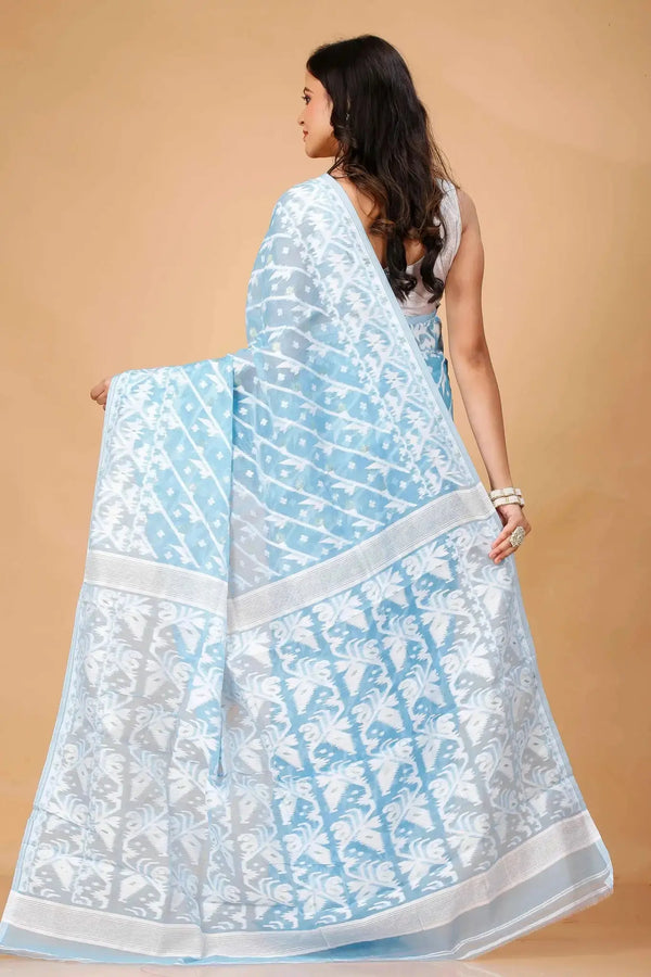 Carolina Blue- Elegant Weave Bengal Handloom Soft Jamdani Cotton Saree
