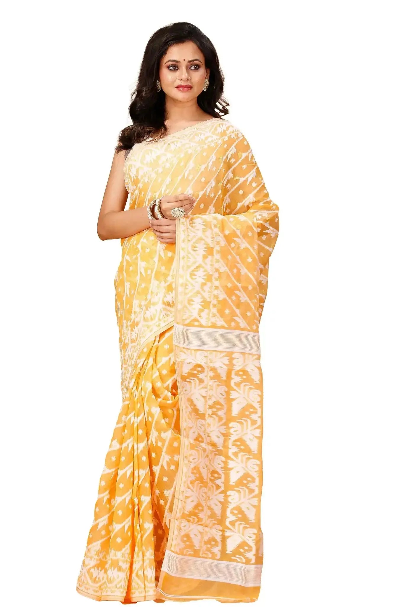 Saffron Mango- Bengal Handloom Festive Wear Ikat Soft Jamdani Saree