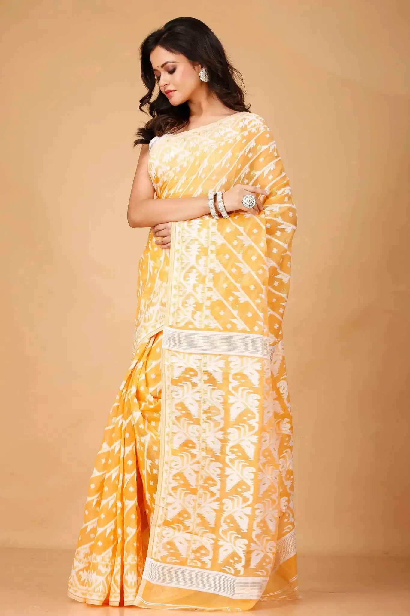 Saffron Mango- Bengal Handloom Festive Wear Ikat Soft Jamdani Saree