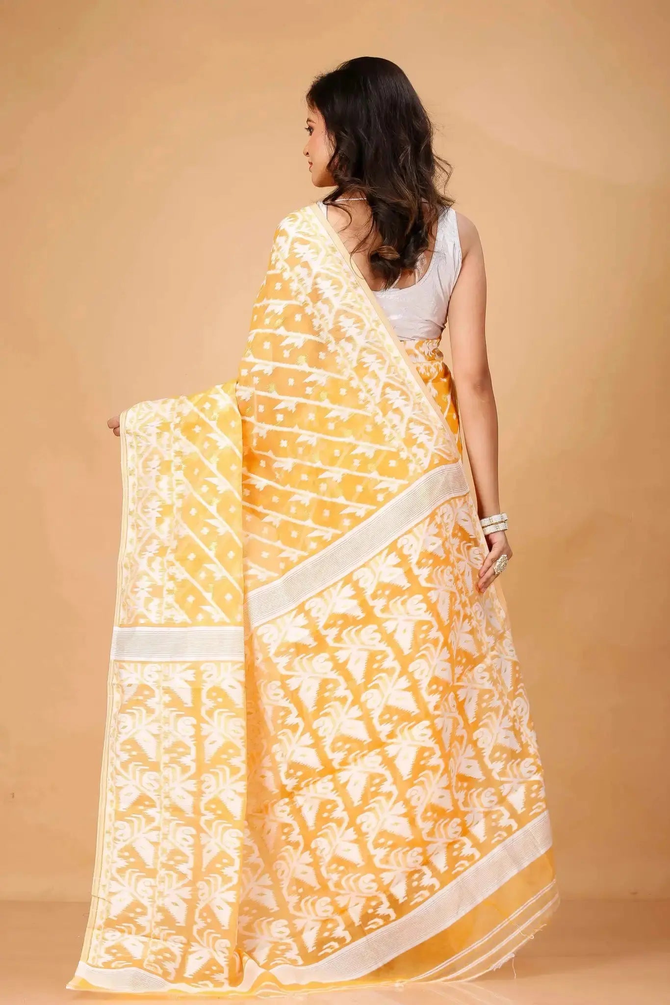 Saffron Mango- Bengal Handloom Festive Wear Ikat Soft Jamdani Saree