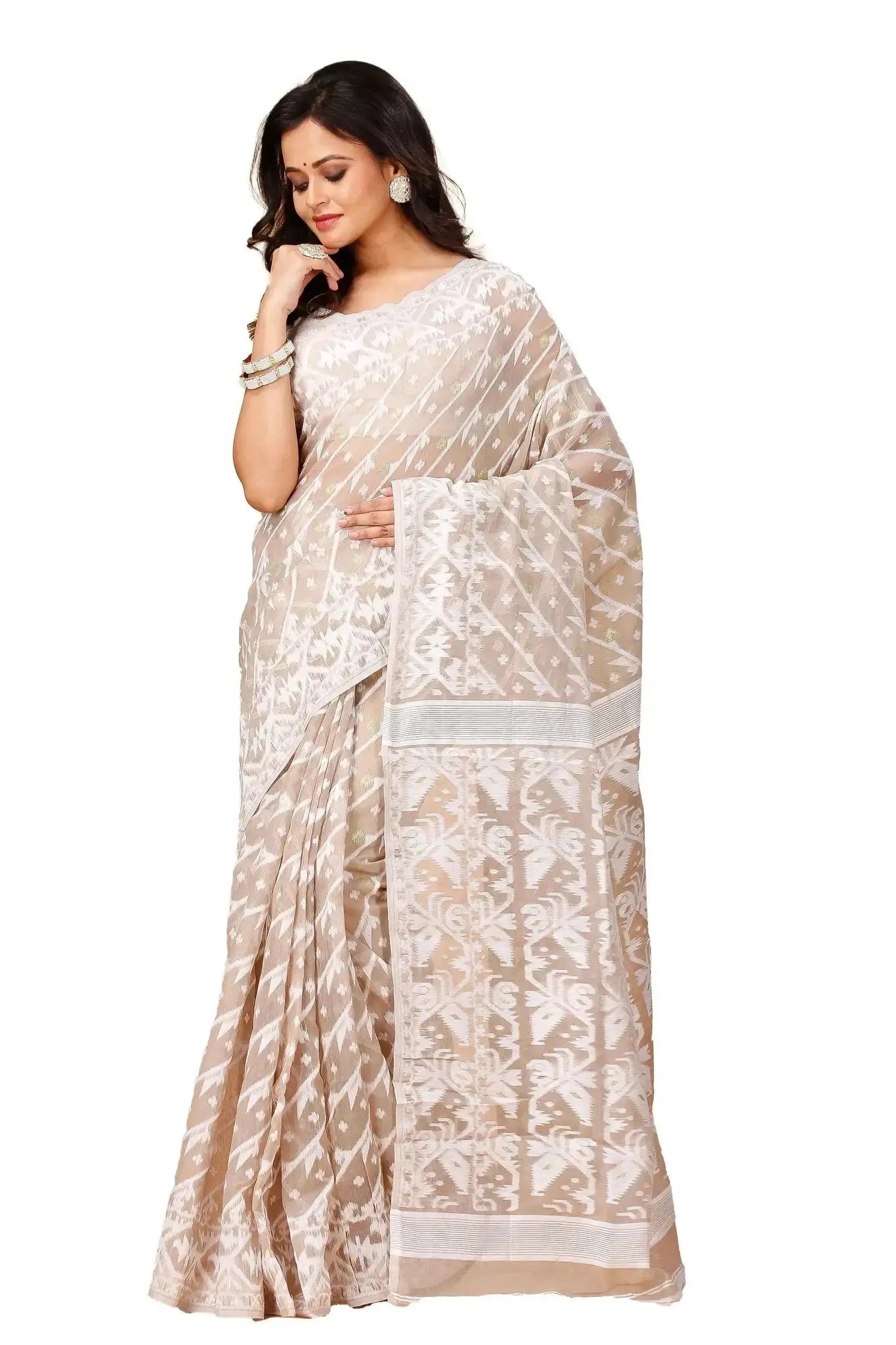 Pinkish Grey- Bengal Handloom Traditional Wear Soft Jamdani Saree