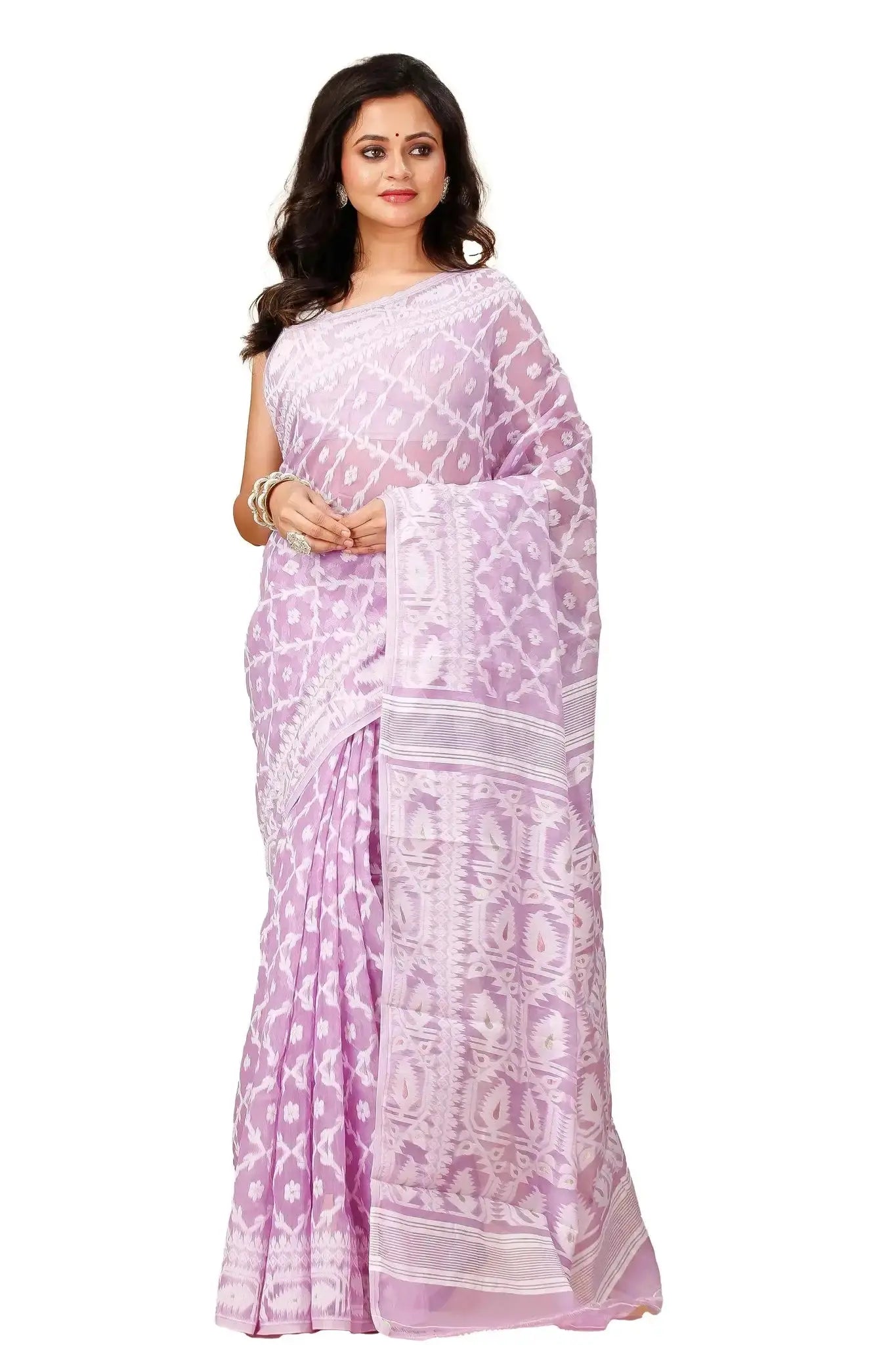Elegant Dawn Pink- Bengal Handloom Ikat Print Soft Jamdani Saree