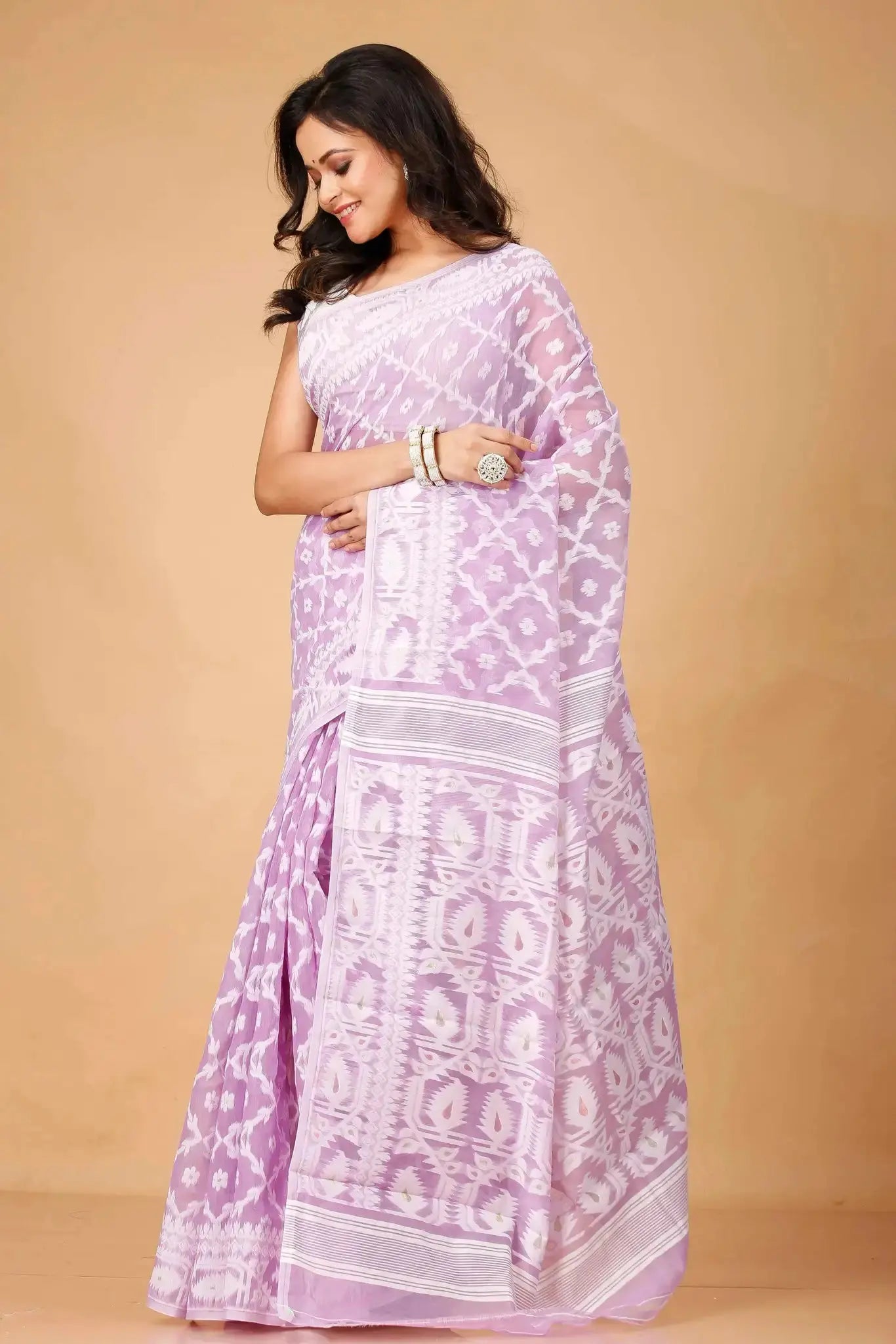 Elegant Dawn Pink- Bengal Handloom Ikat Print Soft Jamdani Saree