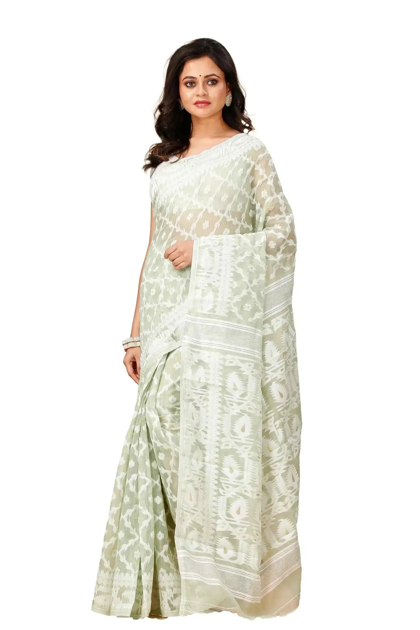 Light Green- Bengal Handloom Ikat Print Soft Jamdani Saree