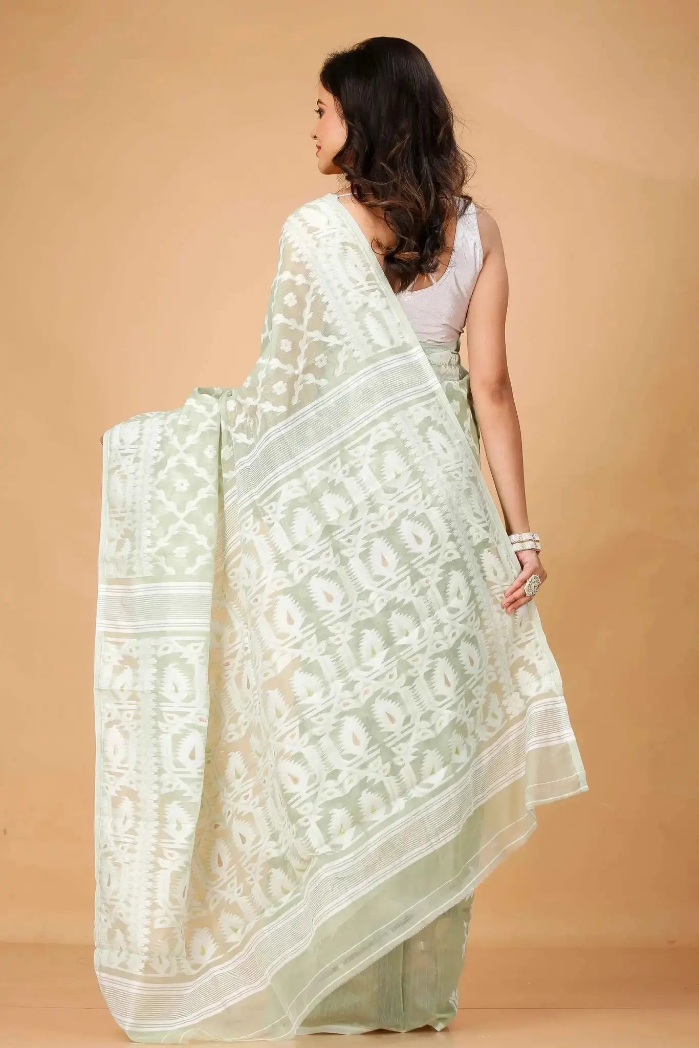 Light Green- Bengal Handloom Ikat Print Soft Jamdani Saree