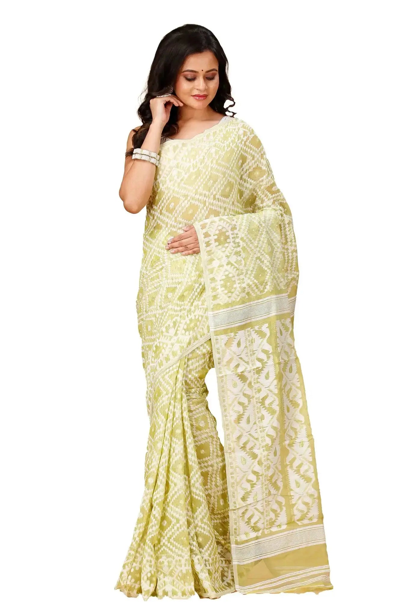 Olive Green Bengal Handloom Soft Jamdani Saree- Handwoven Traditional