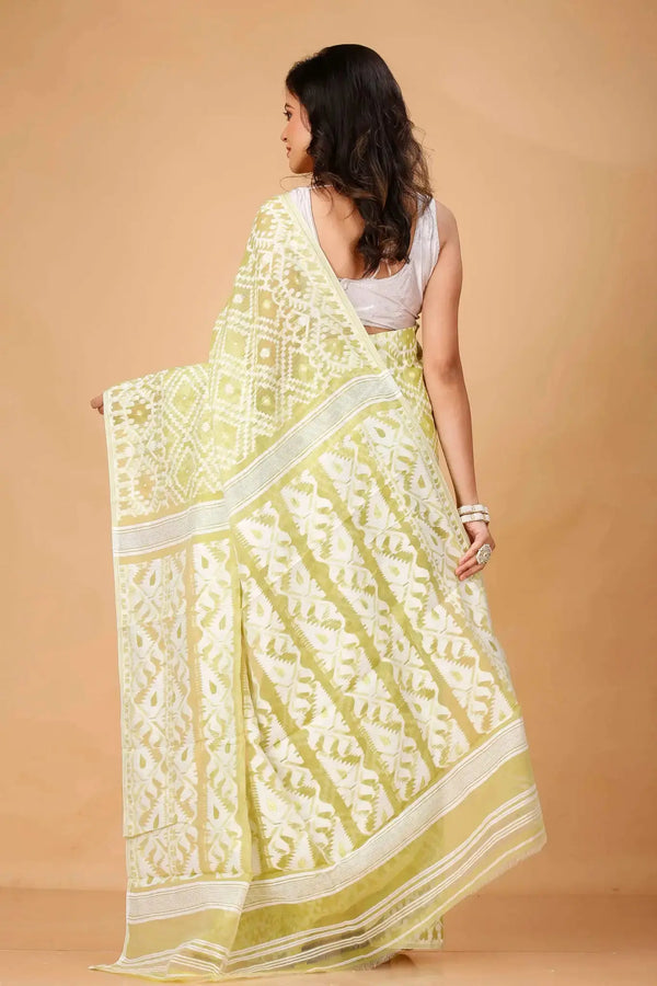 Olive Green Bengal Handloom Soft Jamdani Saree - Handwoven Traditional