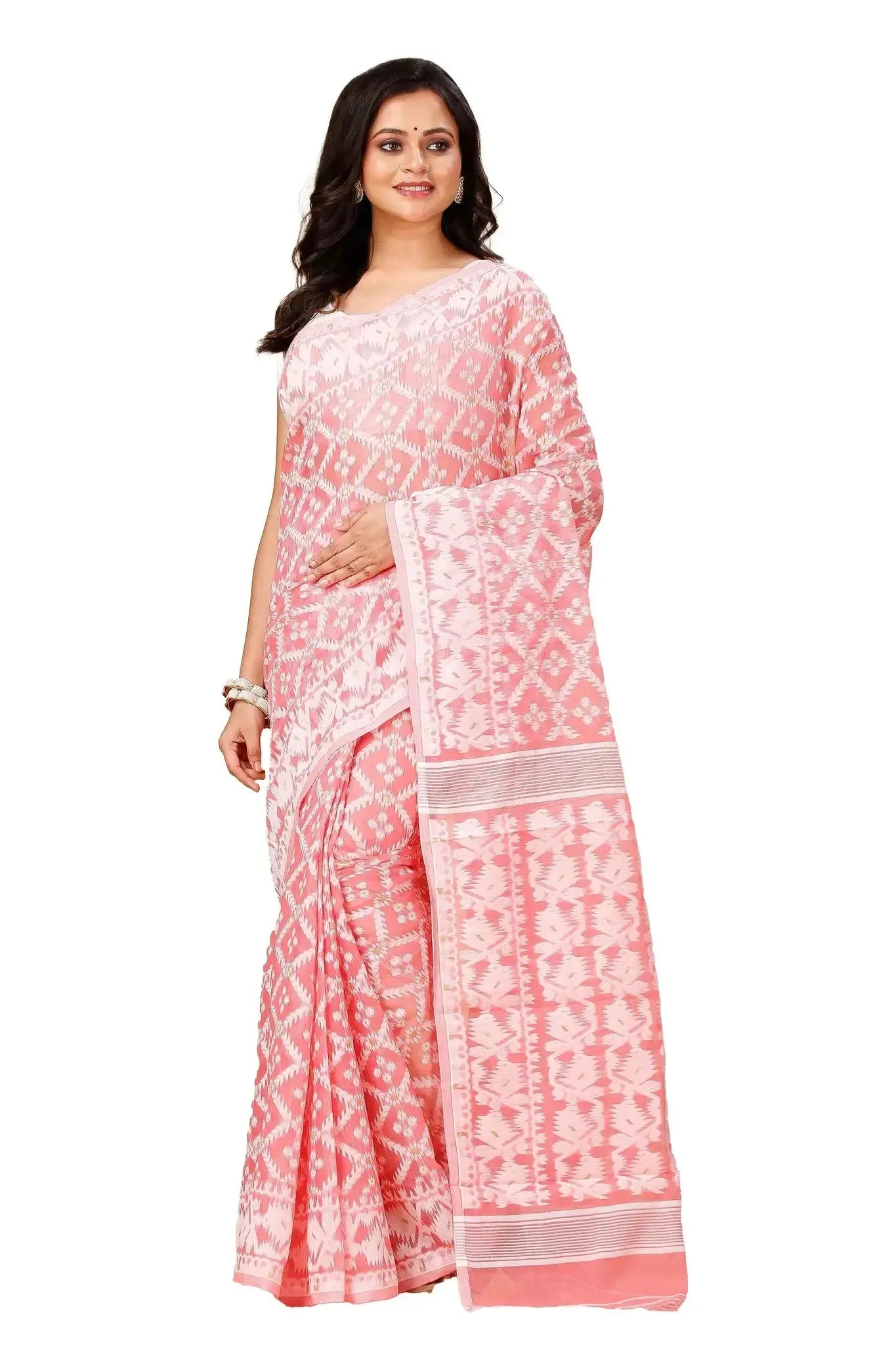 Rose Pink Bengal Handloom Cotton Jamdani Saree – Romantic Heritage Drape