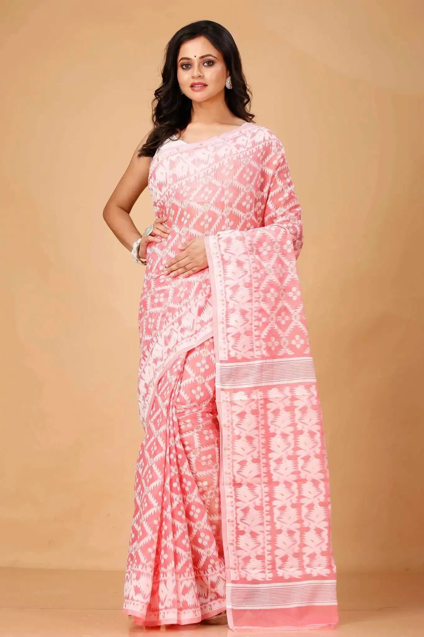 Rose Pink Bengal Handloom Cotton Jamdani Saree – Romantic Heritage Drape