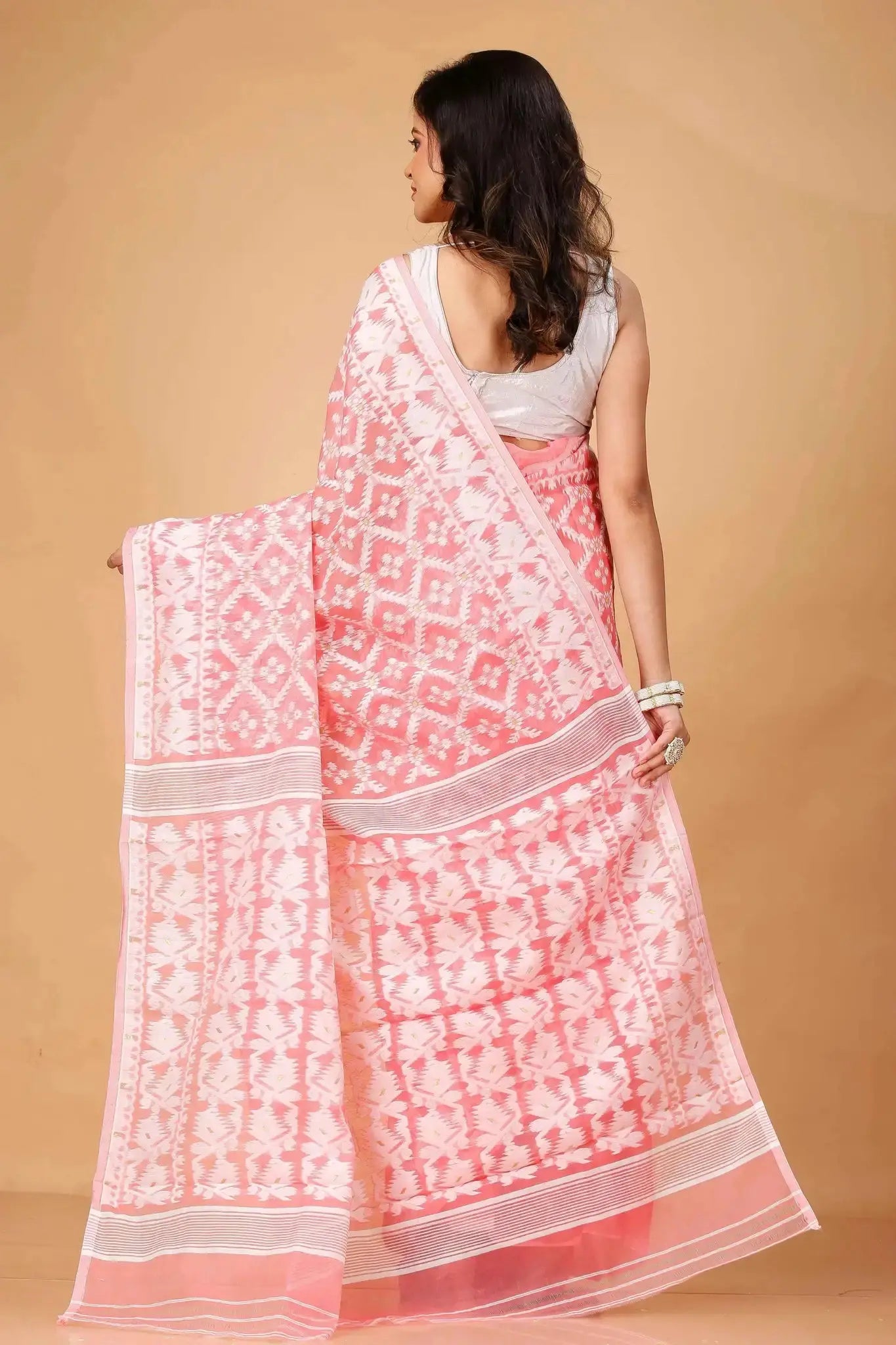 Rose Pink Bengal Handloom Cotton Jamdani Saree – Romantic Heritage Drape