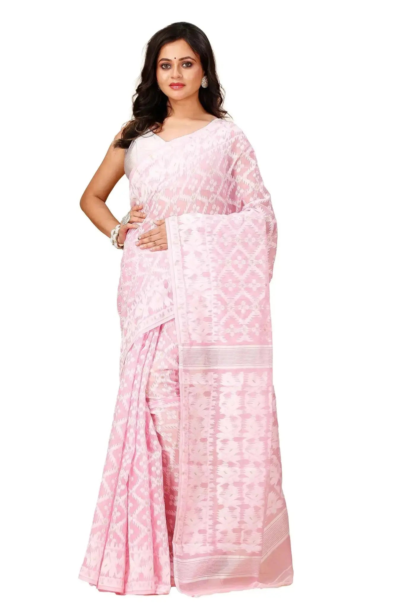 Pink Pearl- Bengal Handloom Handwoven Style Soft Cotton Jamdani Saree