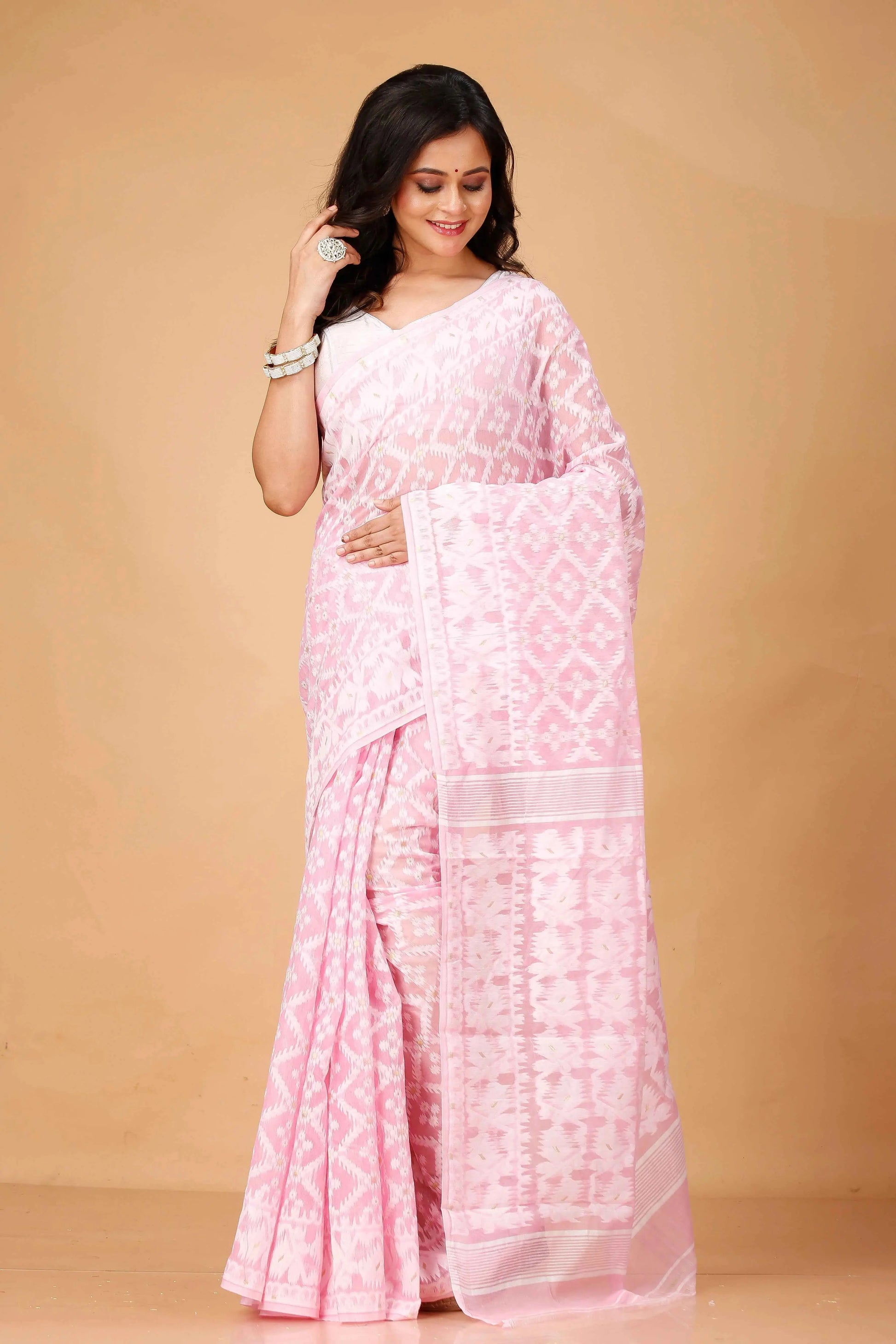Pink Pearl- Bengal Handloom Handwoven Style Soft Cotton Jamdani Saree
