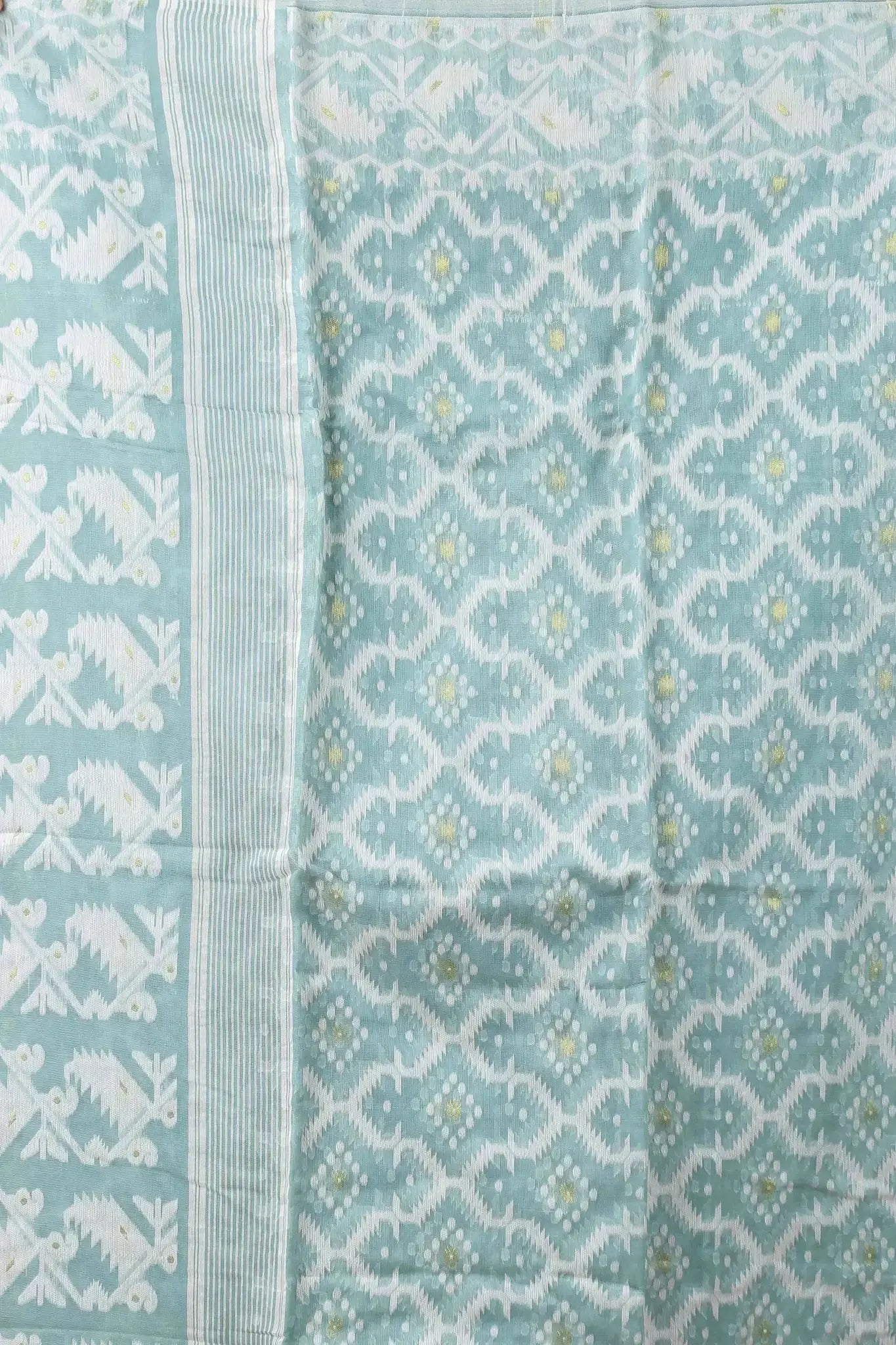 Summer Green- Bengal Handloom Ikat Print Soft Jamdani Saree