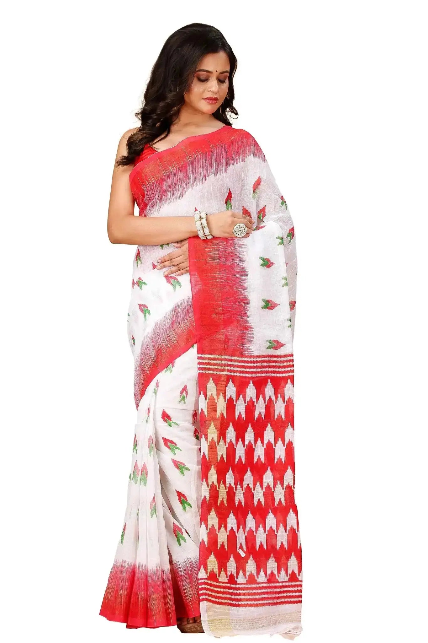 Red & White- Ikat Festive Wear Linen Saree With Traditional Geometric Weave