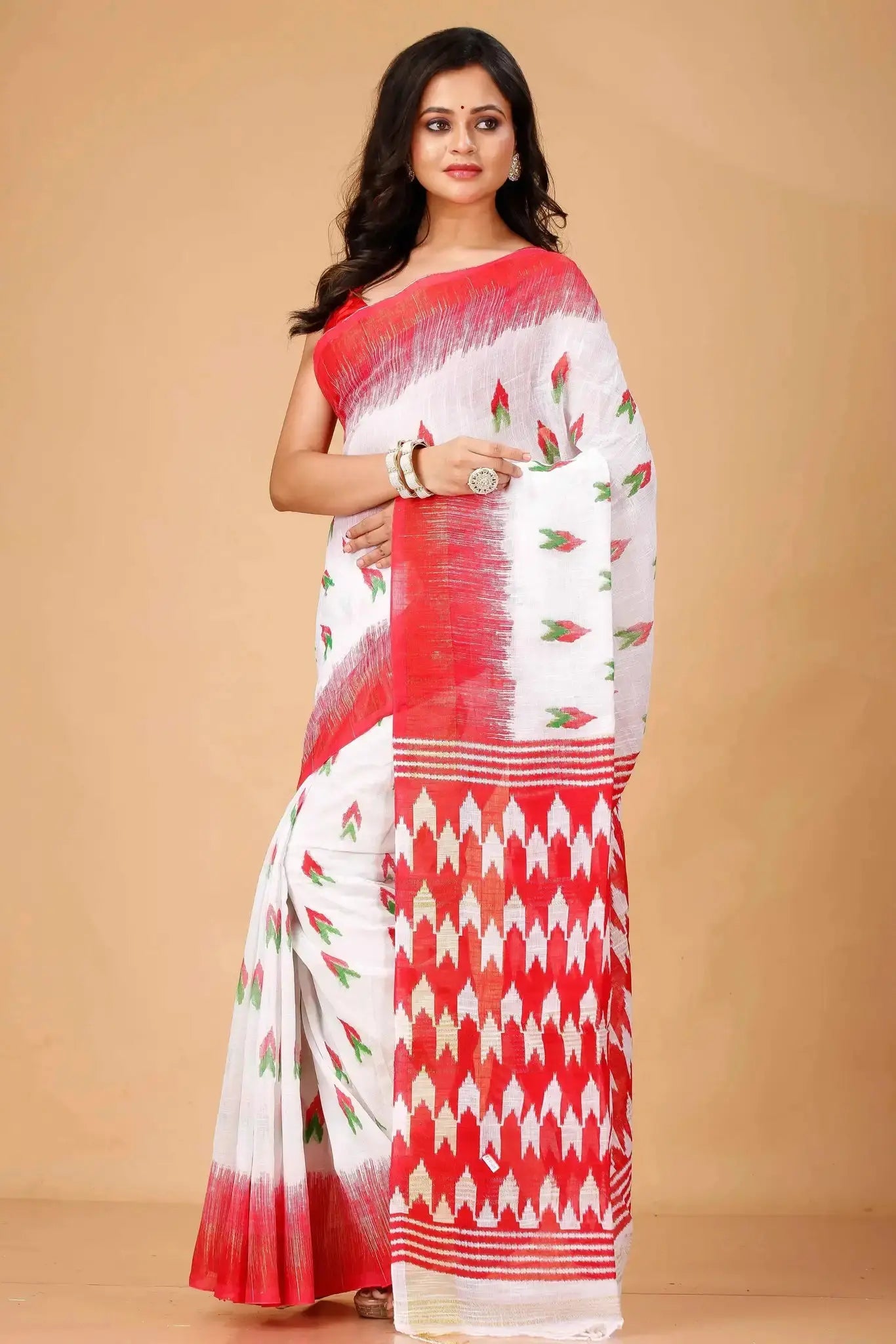 Red & White- Ikat Festive Wear Linen Saree With Traditional Geometric Weave