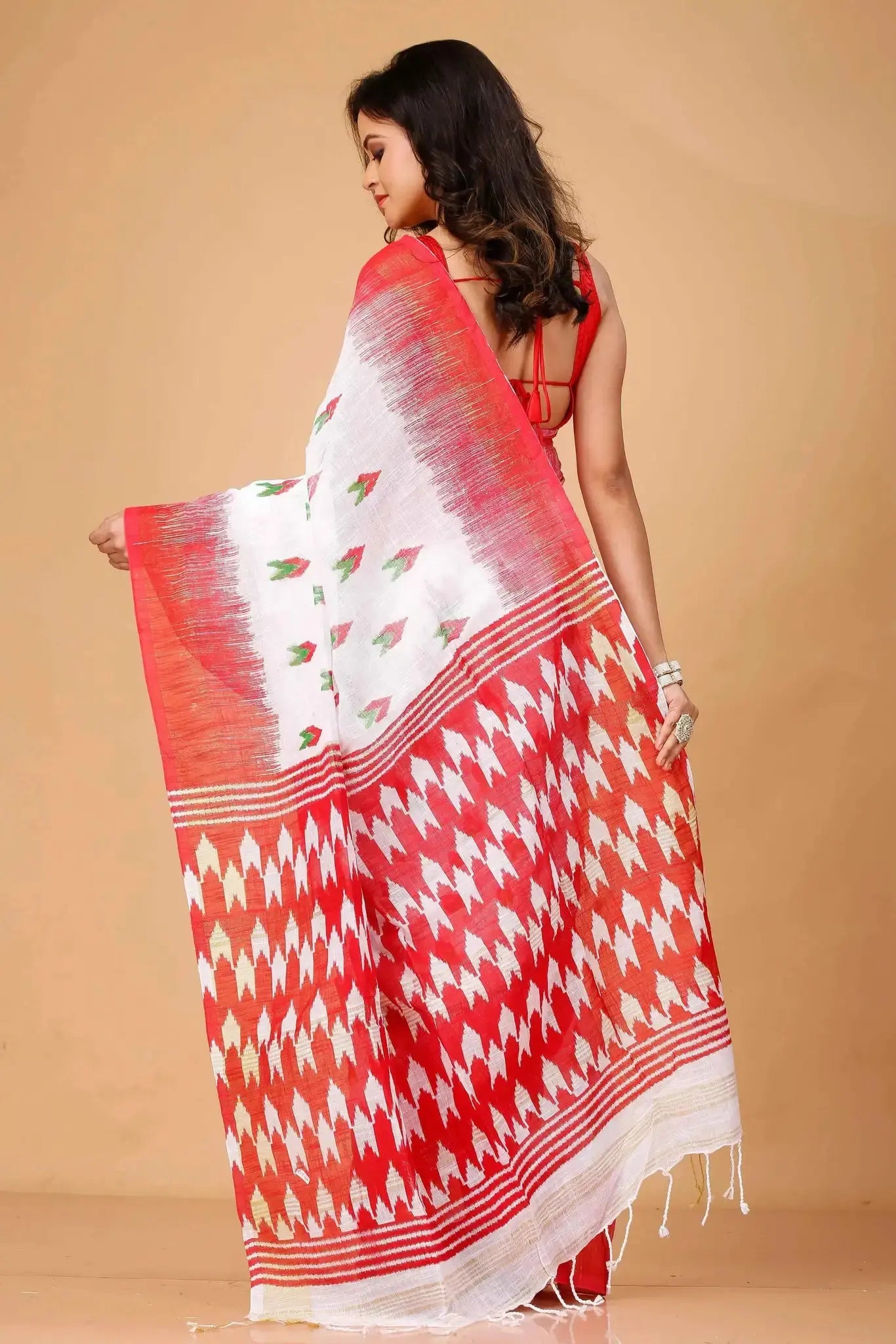 Red & White- Ikat Festive Wear Linen Saree With Traditional Geometric Weave