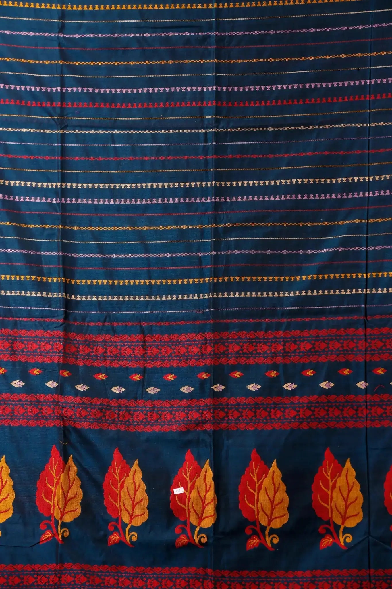 Traditional Navy Blue Manipuri Cotton Handloom Saree With Rich Red Border