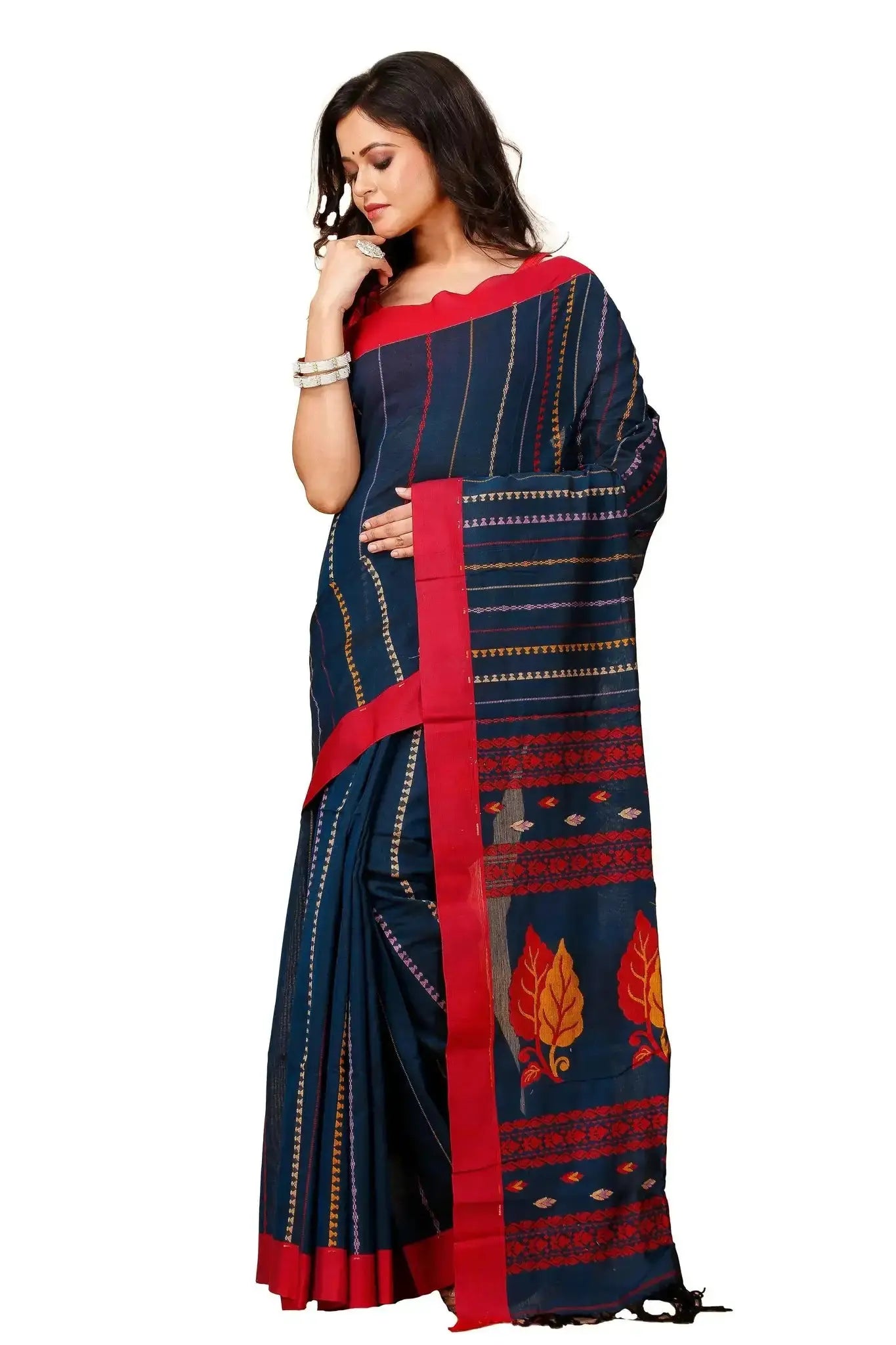 Traditional Navy Blue Manipuri Cotton Handloom Saree With Rich Red Border