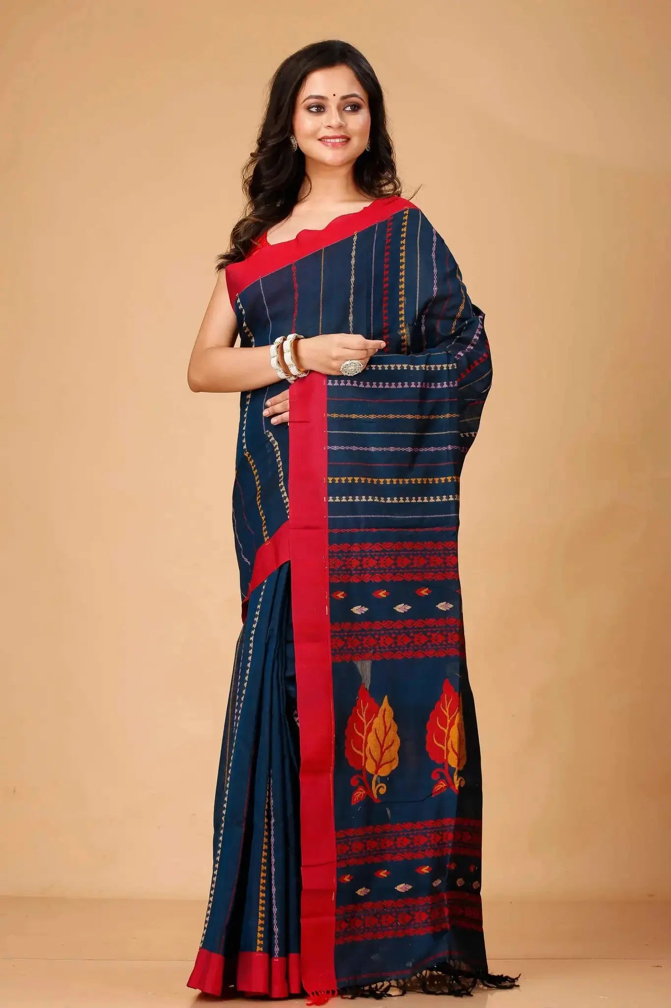 Traditional Navy Blue Manipuri Cotton Handloom Saree With Rich Red Border