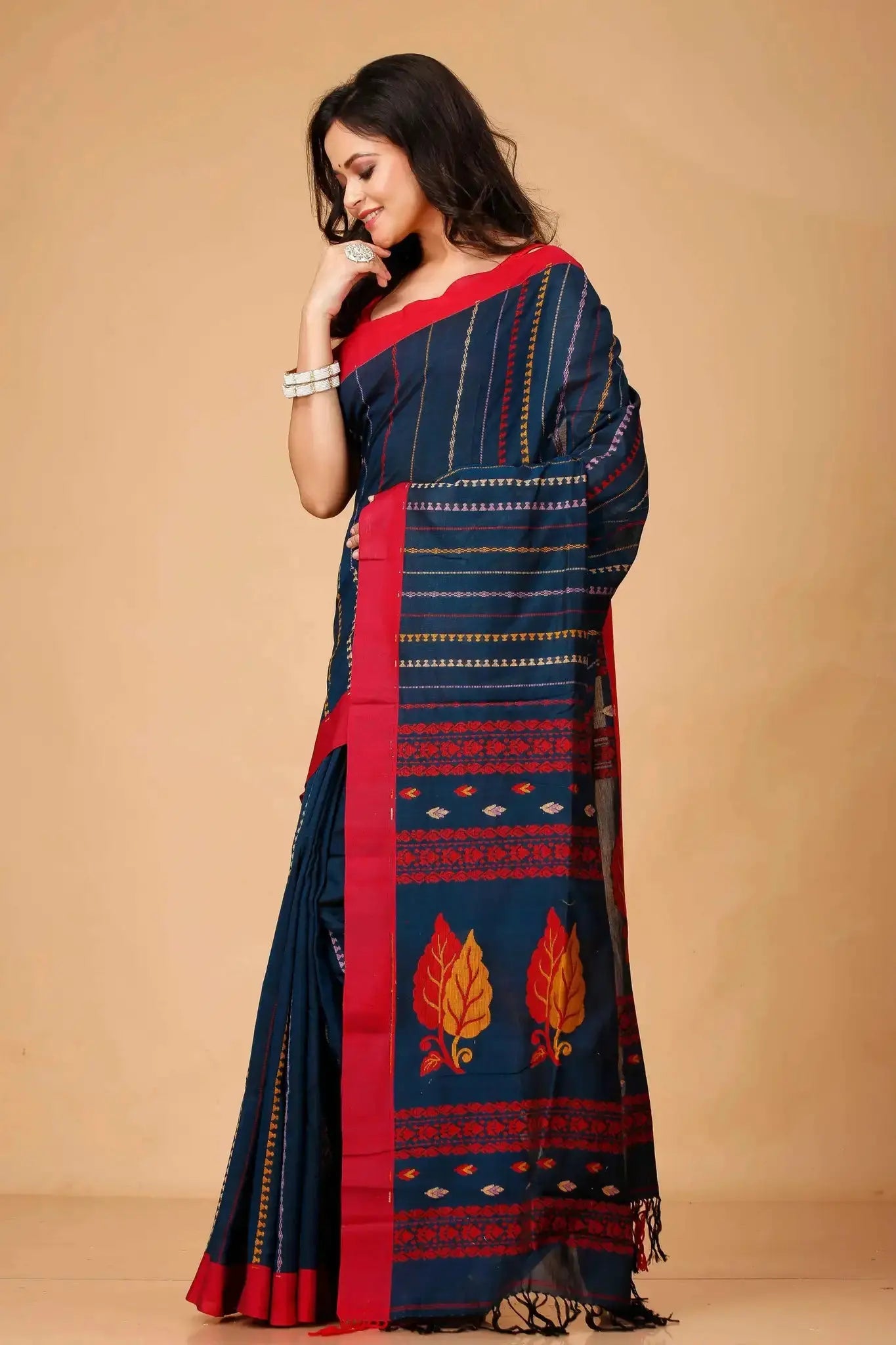 Traditional Navy Blue Manipuri Cotton Handloom Saree With Rich Red Border