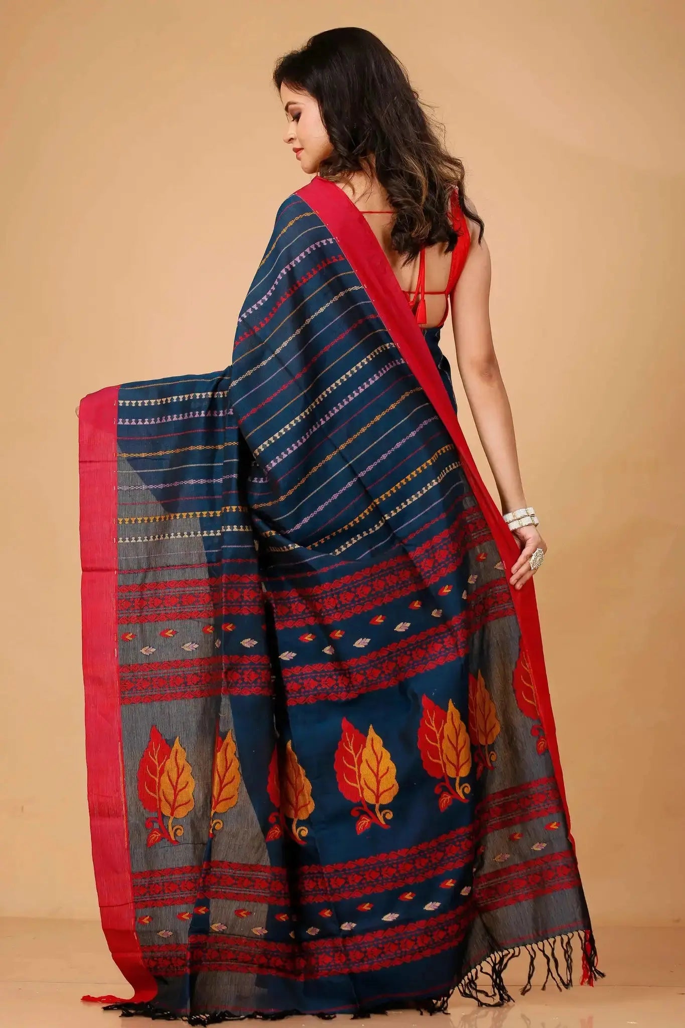 Traditional Navy Blue Manipuri Cotton Handloom Saree With Rich Red Border