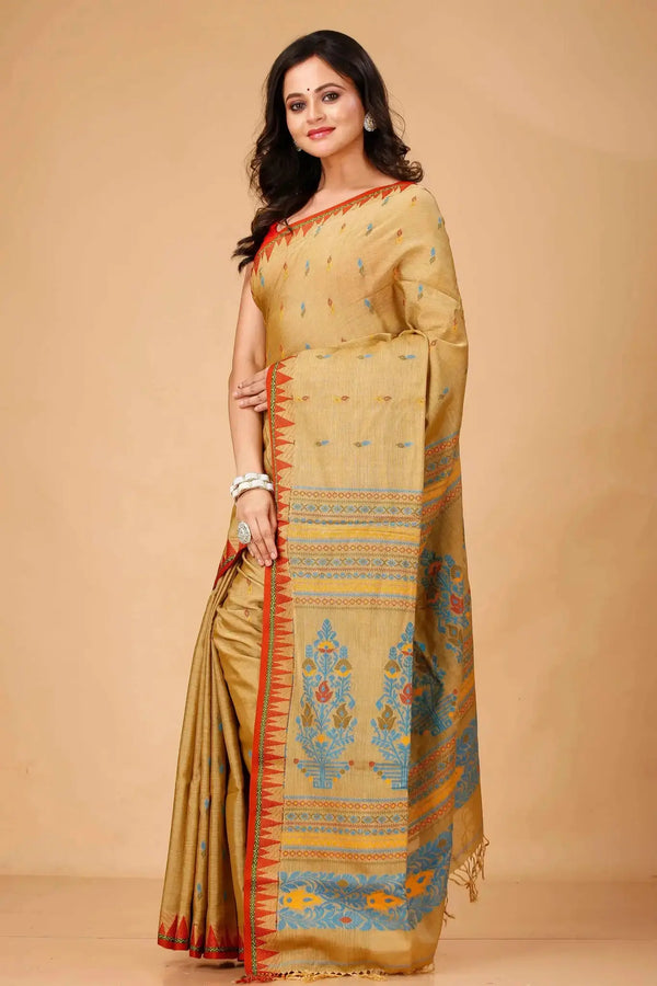 Elegant Mustard Beige Soft Cotton Saree With Contrast Woven Pallu