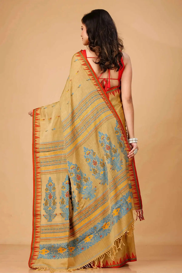 Elegant Mustard Beige Soft Cotton Saree With Contrast Woven Pallu