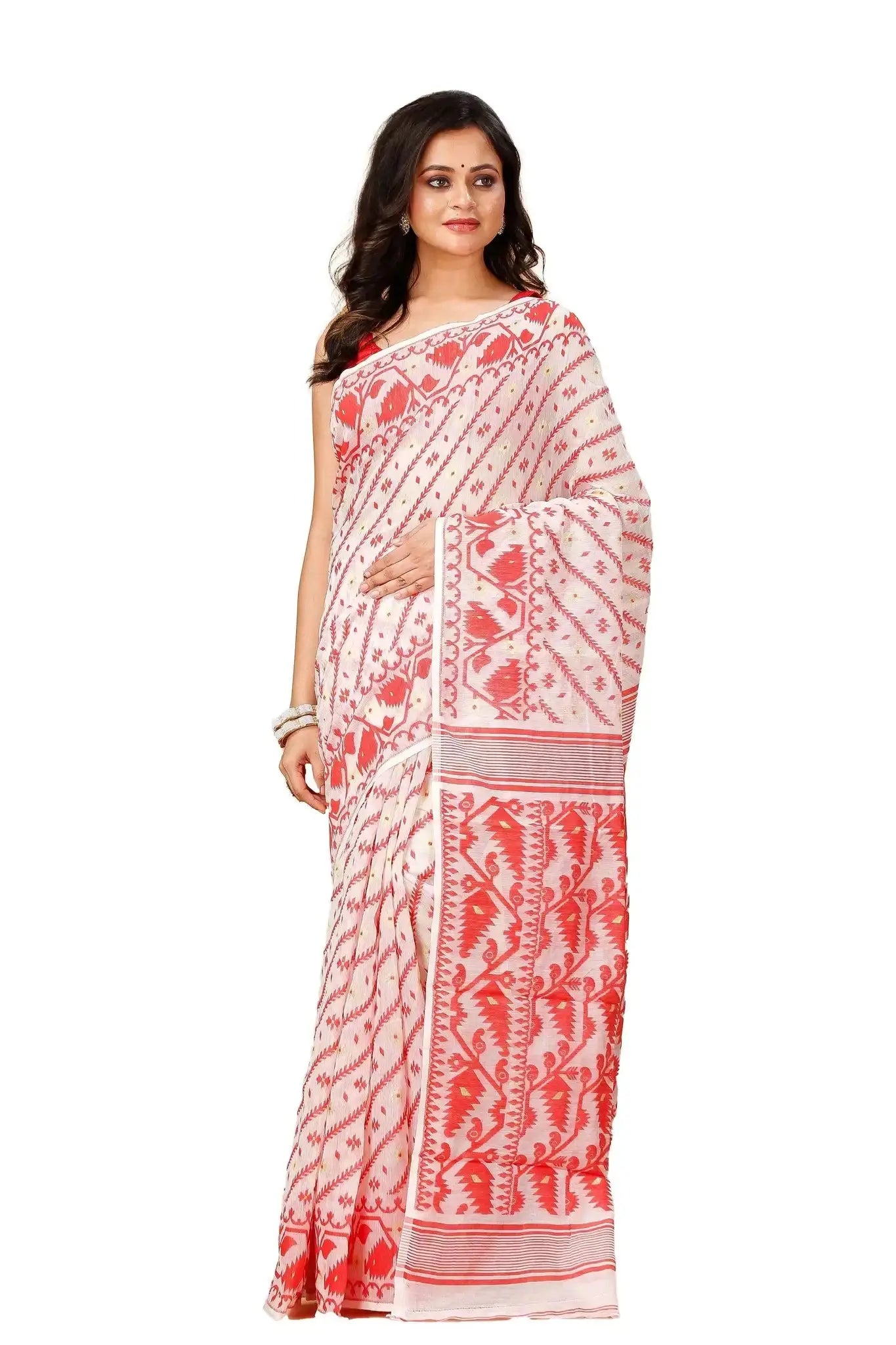 Red- Bengal Handloom Festive & Traditional Wear Soft Jamdani Saree